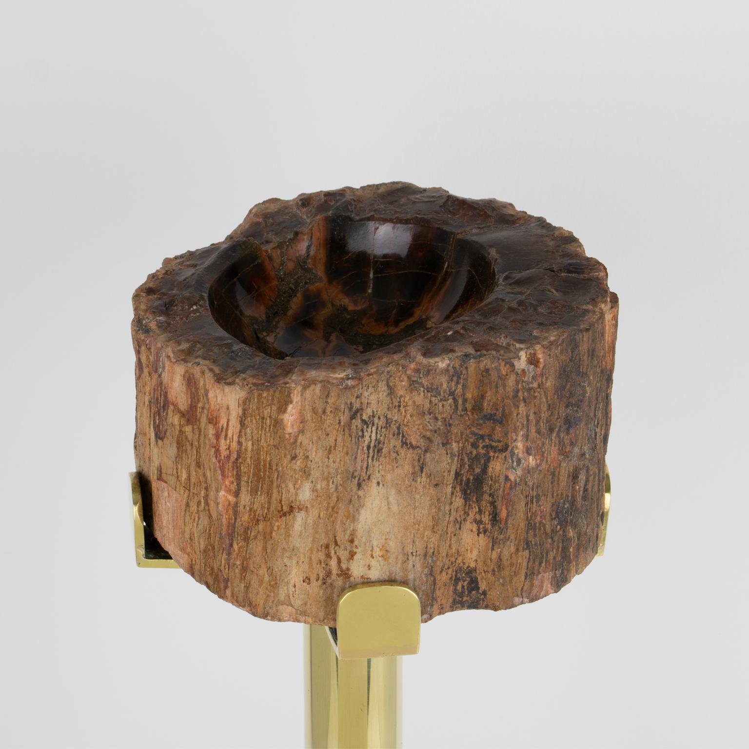 Aschenbecher Vide Poche Beistelltisch aus Messing und versteinertem Holz aus der Jahrhundertmitte, um 1960 im Angebot 1
