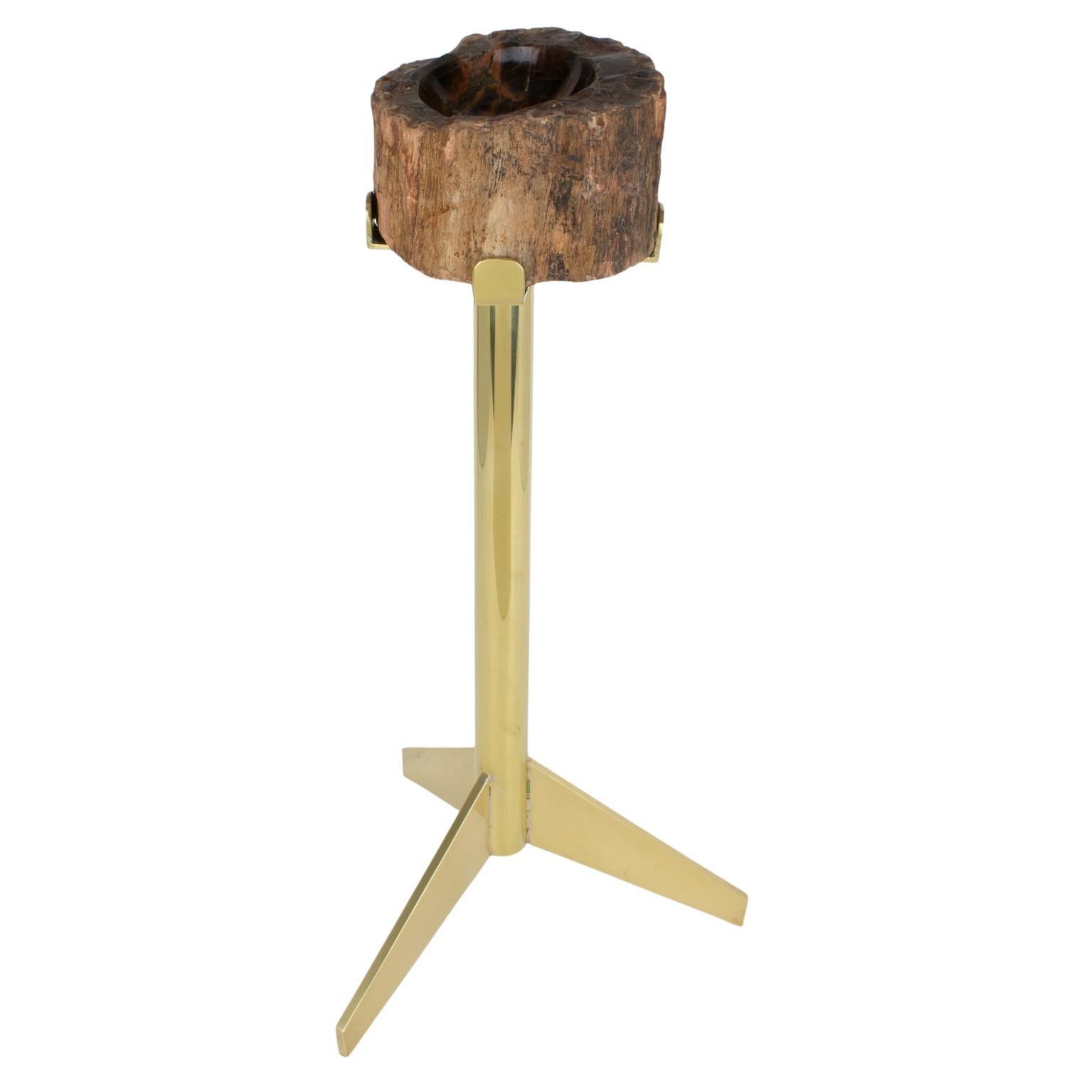 Aschenbecher Vide Poche Beistelltisch aus Messing und versteinertem Holz aus der Jahrhundertmitte, um 1960 im Angebot
