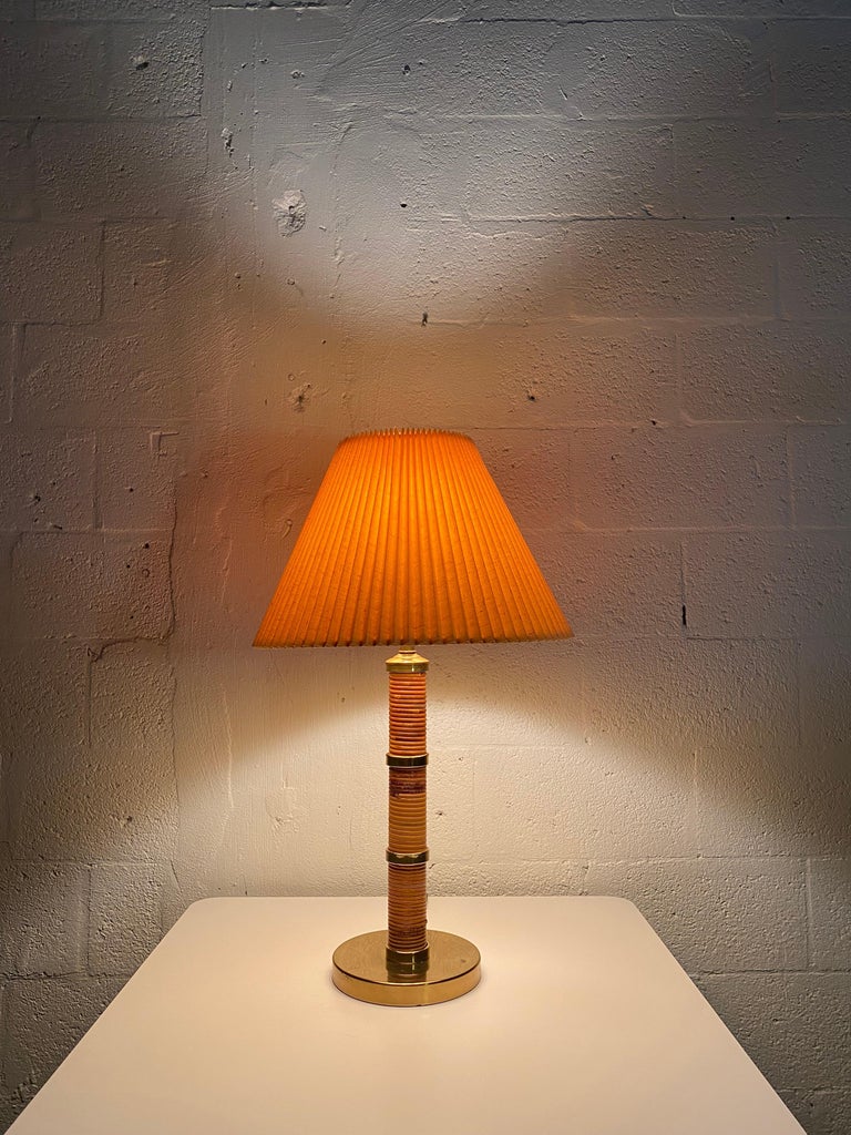 Mid-Century Brass and Rattan Table Lamp with Ribbed Shade at 1stDibs