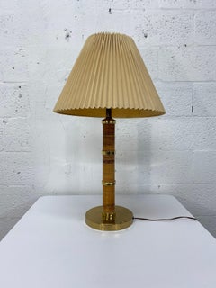 Mid-Century Brass and Rattan Table Lamp with Ribbed Shade