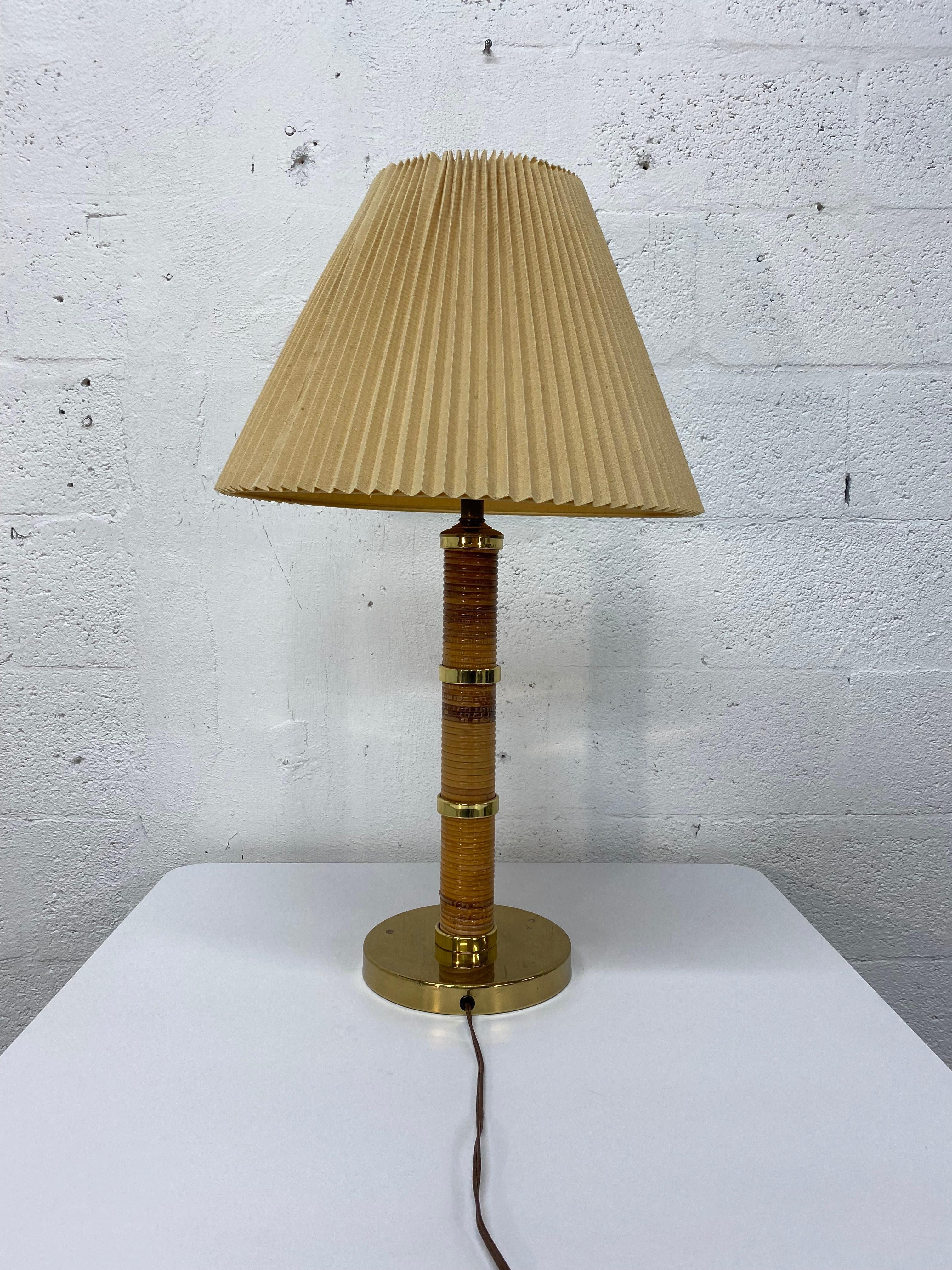 Mid-Century Modern Mid-Century Brass and Rattan Table Lamp with Ribbed Shade