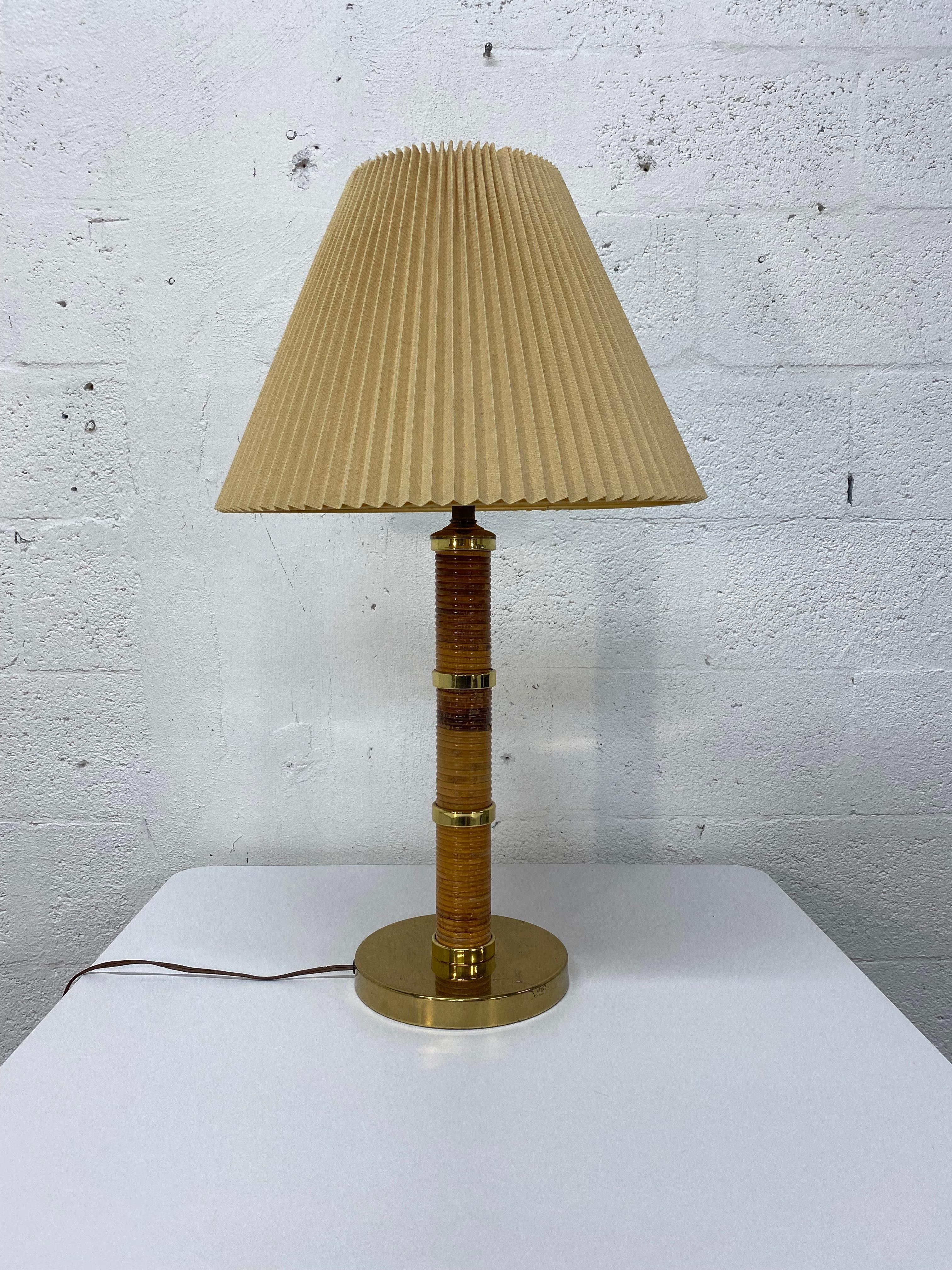 Unknown Mid-Century Brass and Rattan Table Lamp with Ribbed Shade