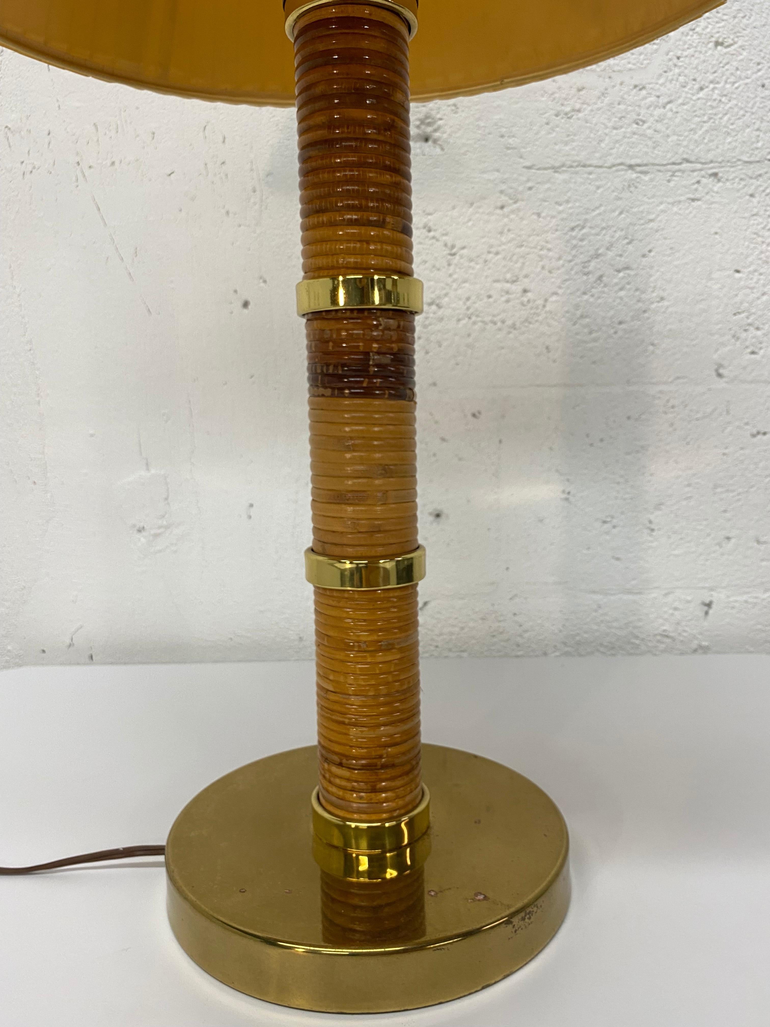 Late 20th Century Mid-Century Brass and Rattan Table Lamp with Ribbed Shade