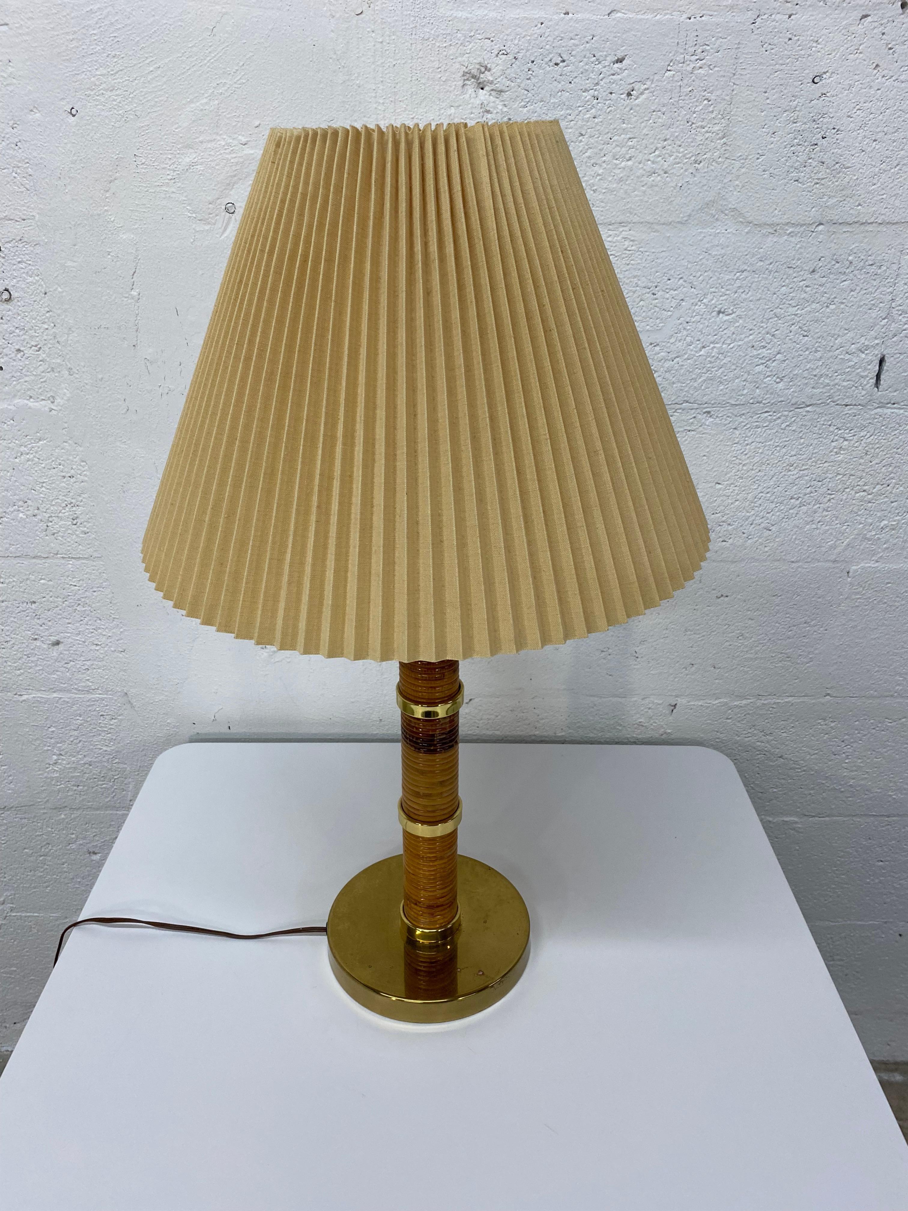 Mid-Century Brass and Rattan Table Lamp with Ribbed Shade 2