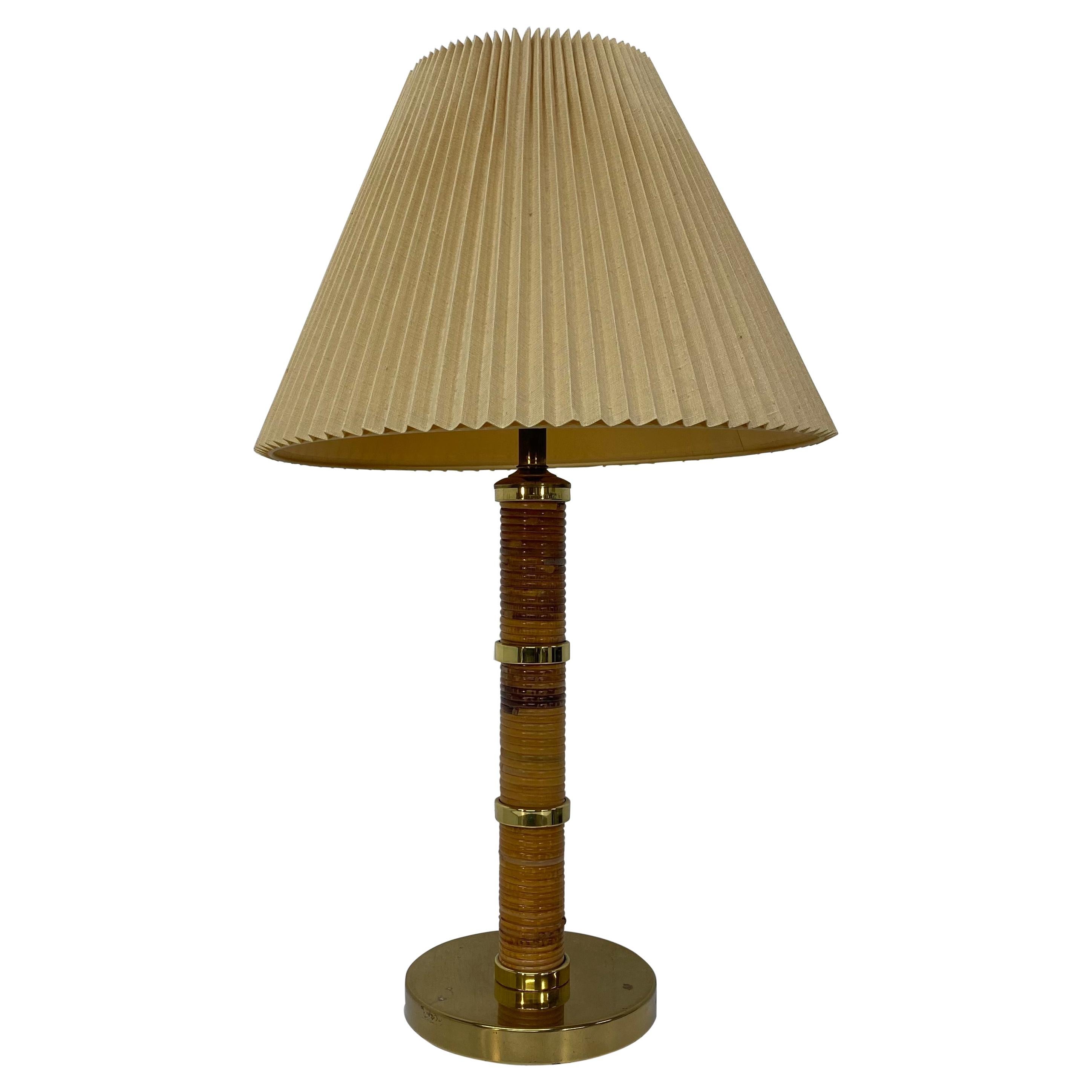 Mid-Century Brass and Rattan Table Lamp with Ribbed Shade