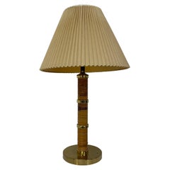 Mid-Century Brass and Rattan Table Lamp with Ribbed Shade