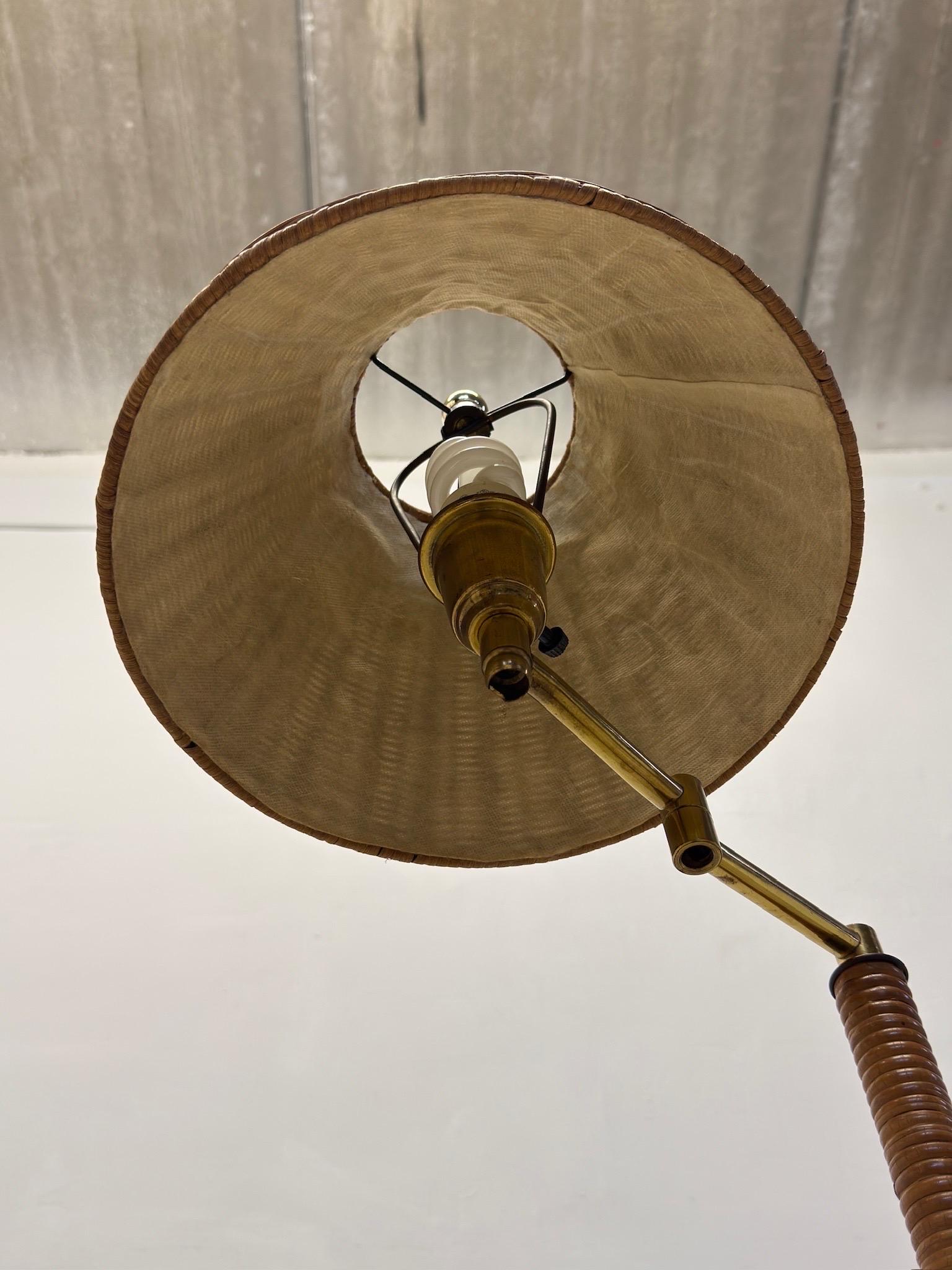 Mid-Century Brass and Rattan Wrapped Floor Lamp With Wicker Shade, 1960s For Sale 7