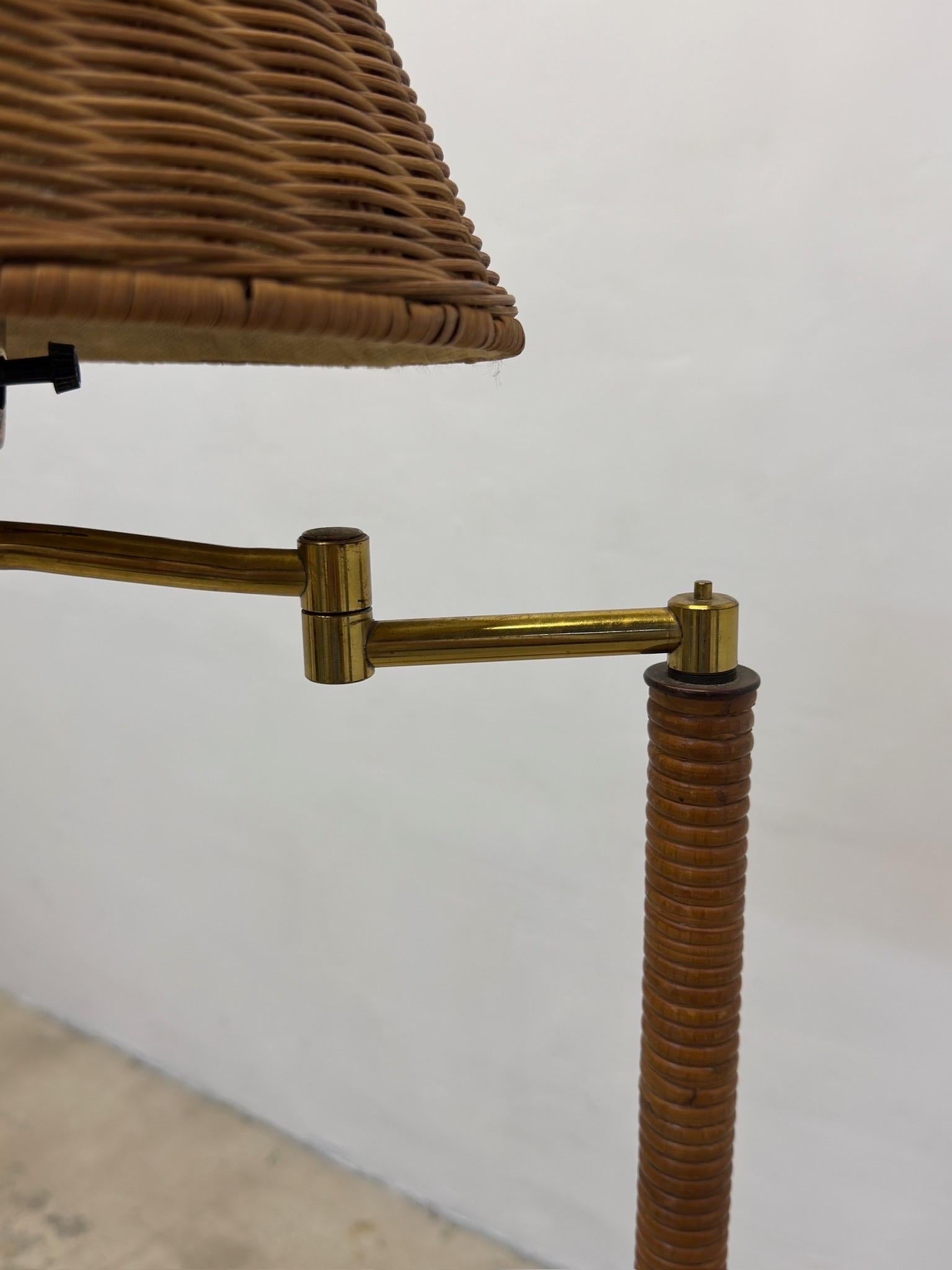 Mid-Century Brass and Rattan Wrapped Floor Lamp With Wicker Shade, 1960s For Sale 9