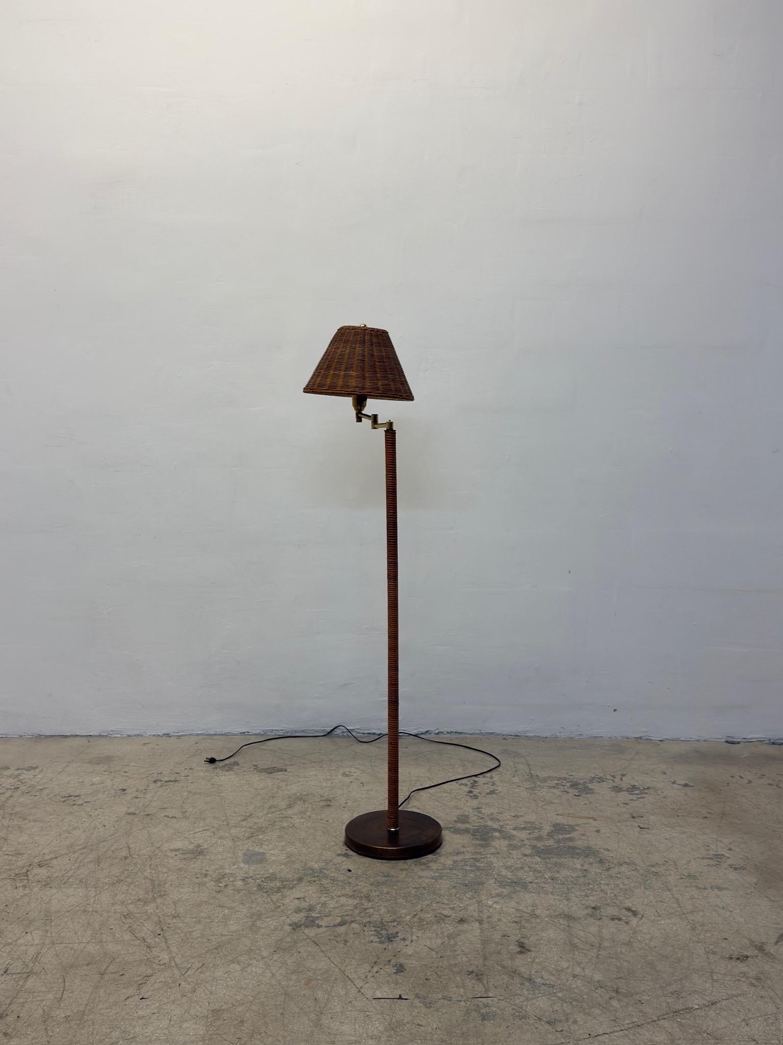 Mid-Century Modern Mid-Century Brass and Rattan Wrapped Floor Lamp With Wicker Shade, 1960s For Sale