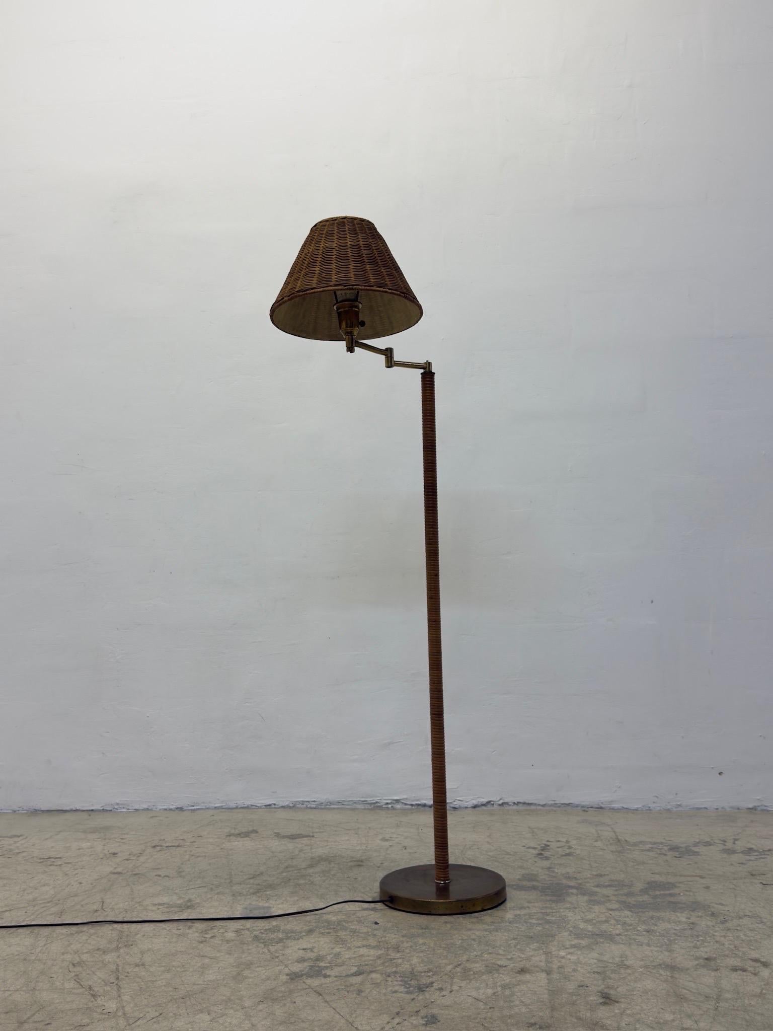 Unknown Mid-Century Brass and Rattan Wrapped Floor Lamp With Wicker Shade, 1960s For Sale