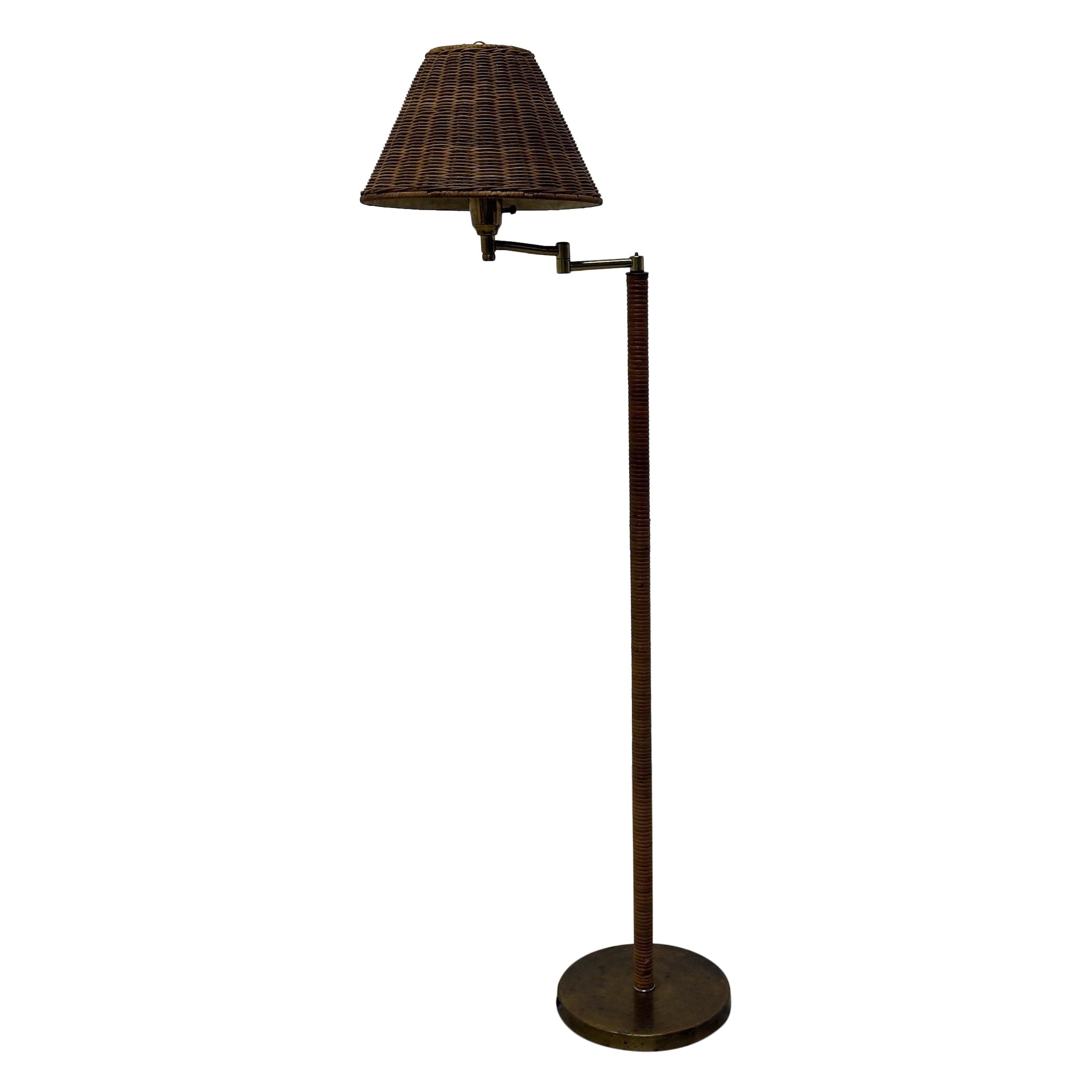 Mid-Century Brass and Rattan Wrapped Floor Lamp With Wicker Shade, 1960s For Sale