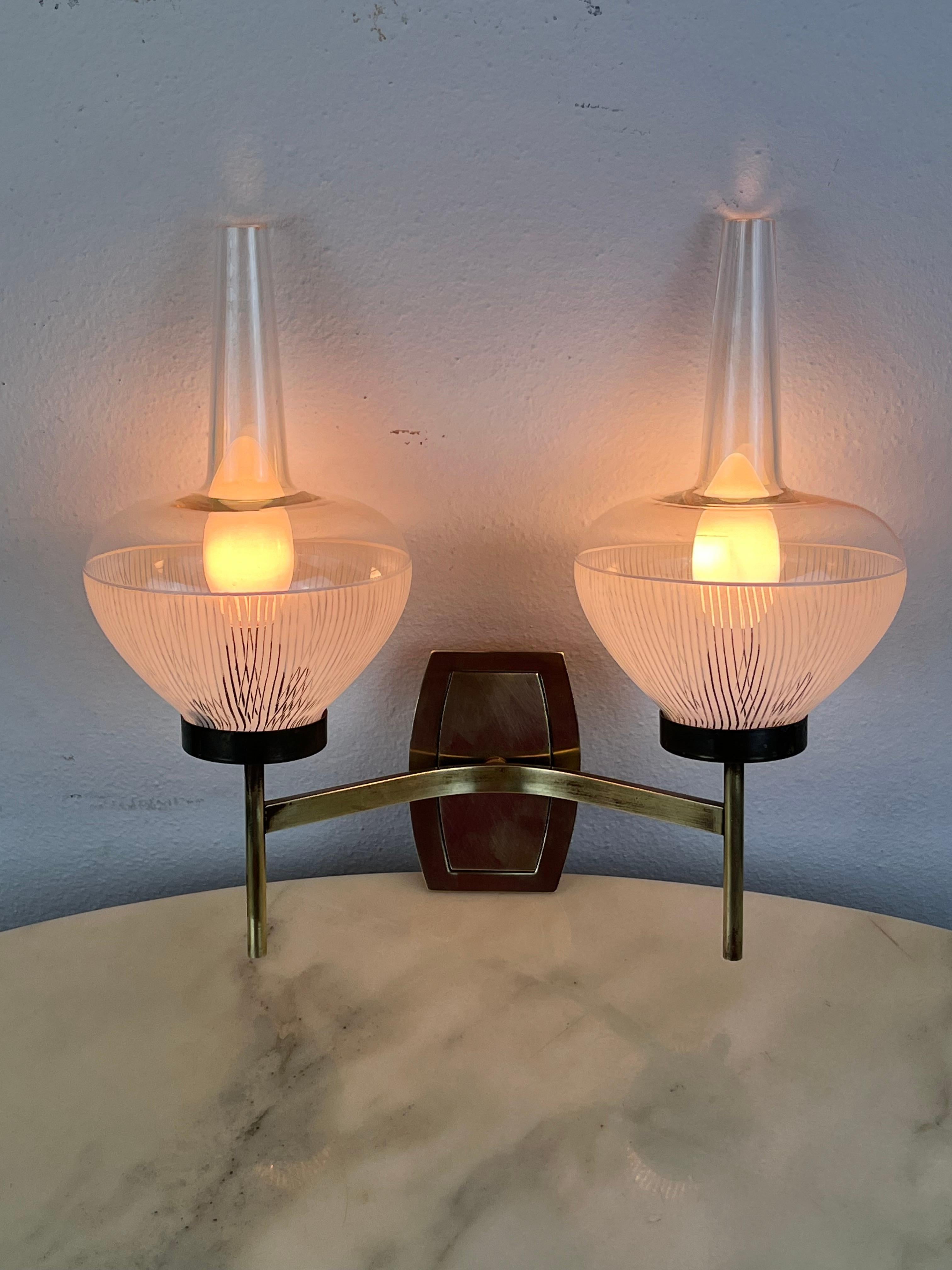 Mid-20th Century Mid-Century Brass and Ribbed Glass Wall Light Italian design  1960s For Sale