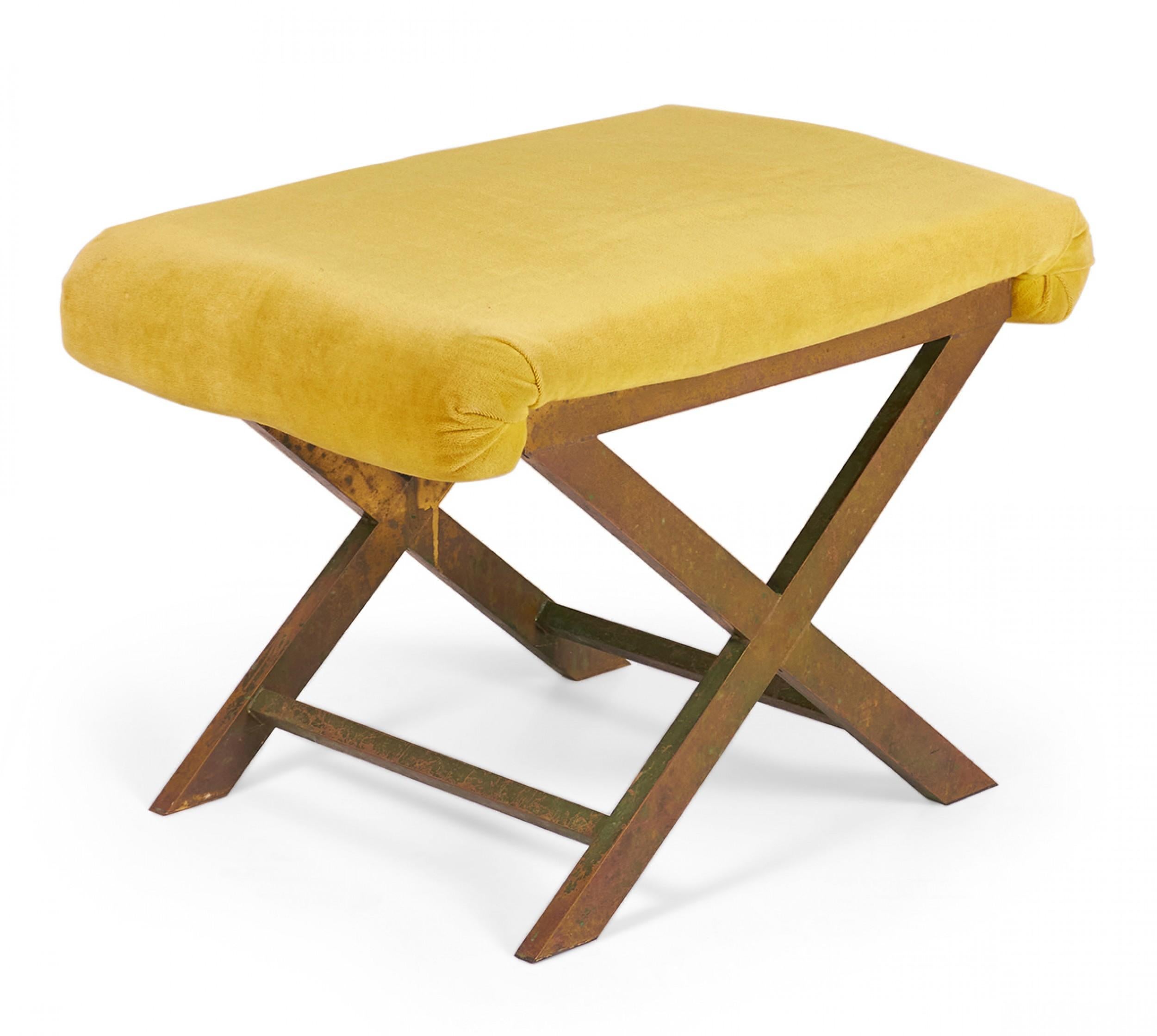 Mid-Century Modern Mid-Century Brass and Saffron Yellow Velour Upholstered X-Bench For Sale