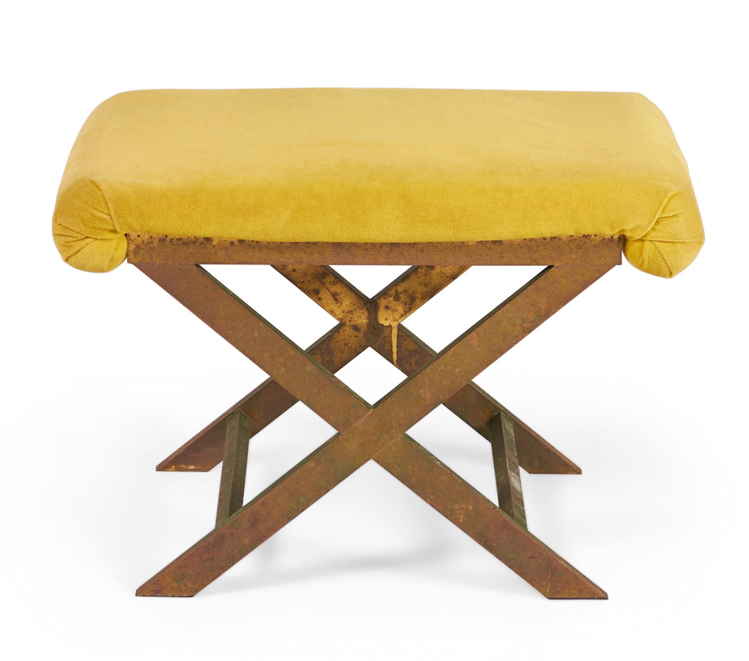 Mid-Century Brass and Saffron Yellow Velour Upholstered X-Bench In Good Condition For Sale In New York, NY