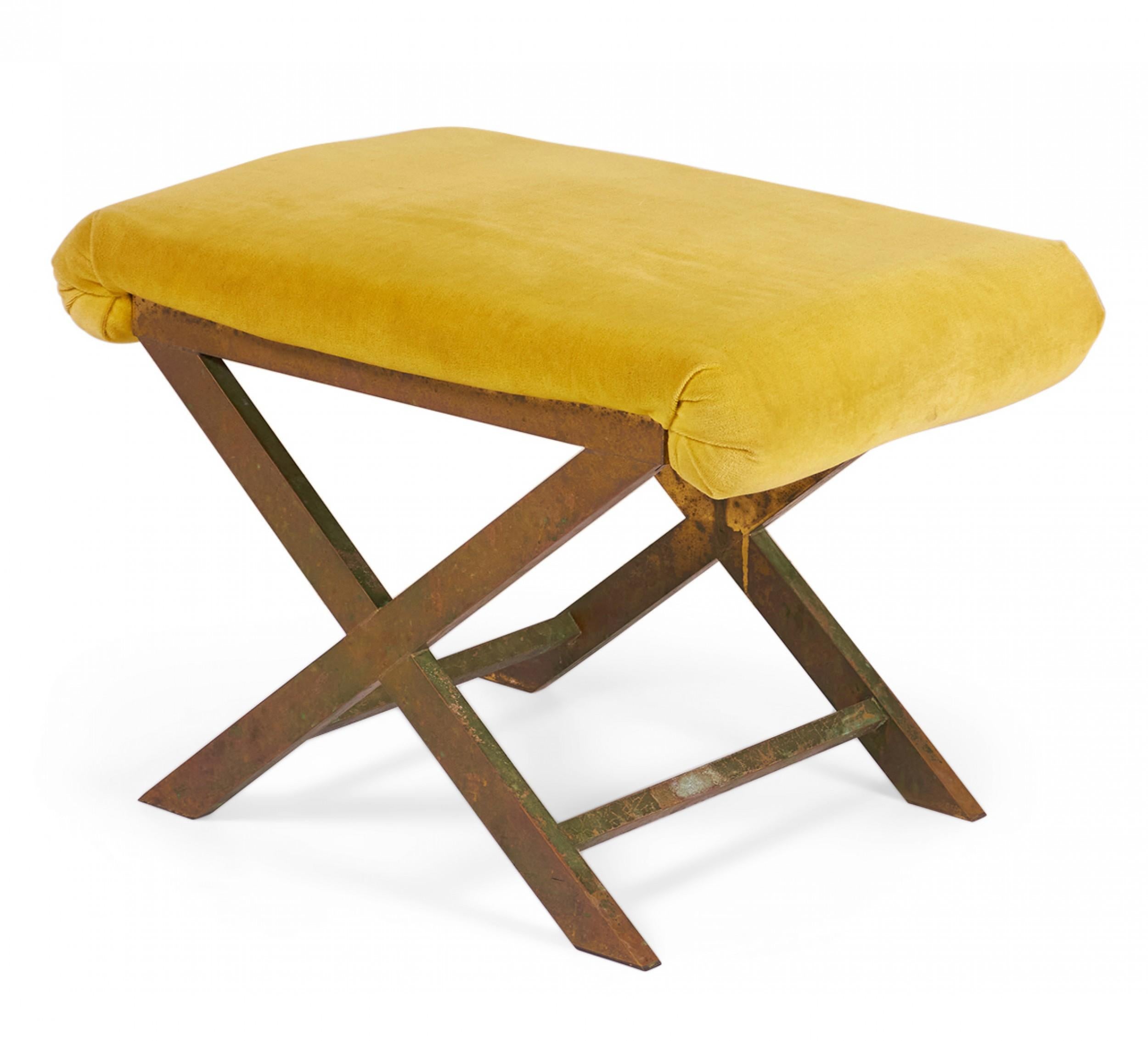 20th Century Mid-Century Brass and Saffron Yellow Velour Upholstered X-Bench For Sale