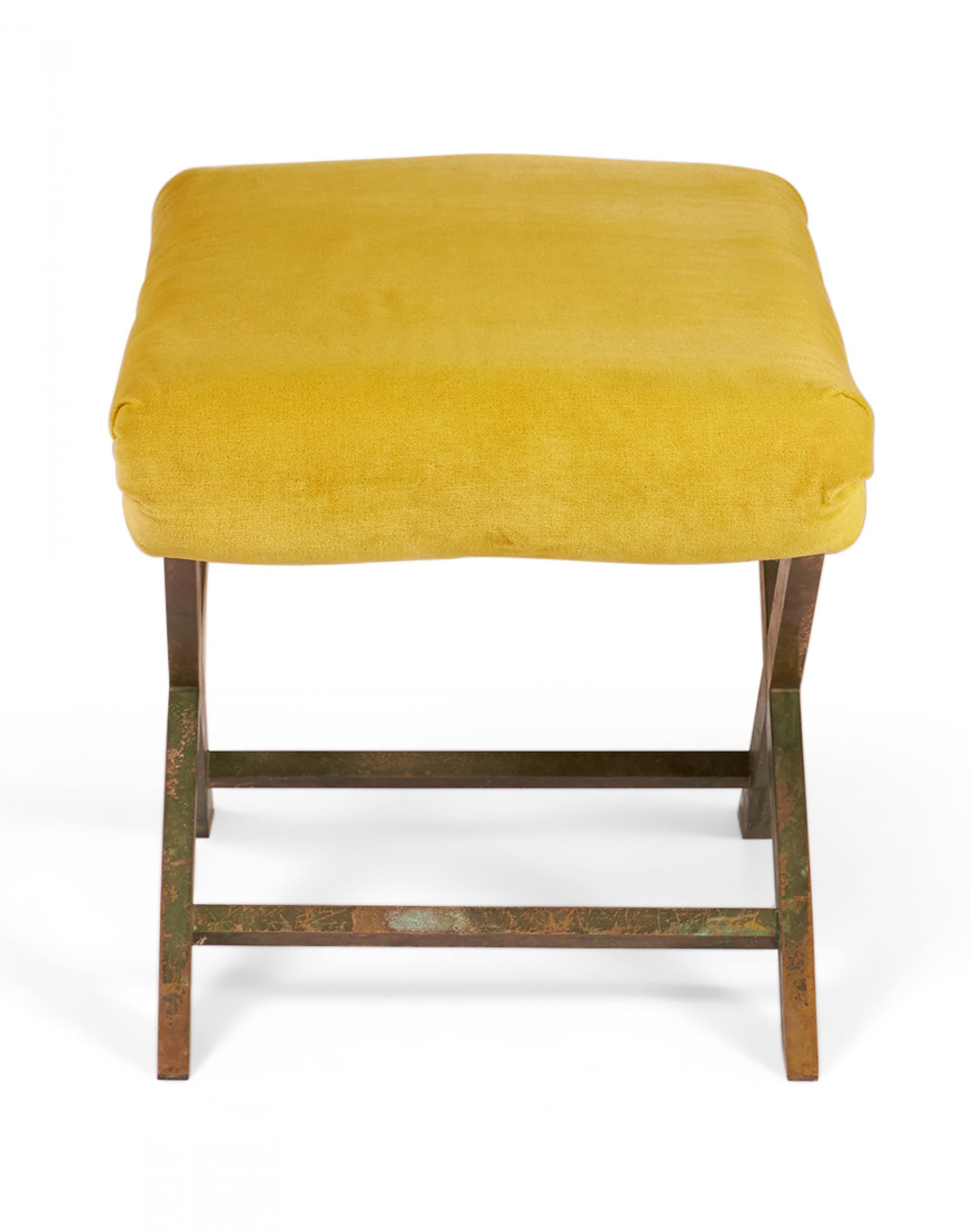 Velvet Mid-Century Brass and Saffron Yellow Velour Upholstered X-Bench For Sale