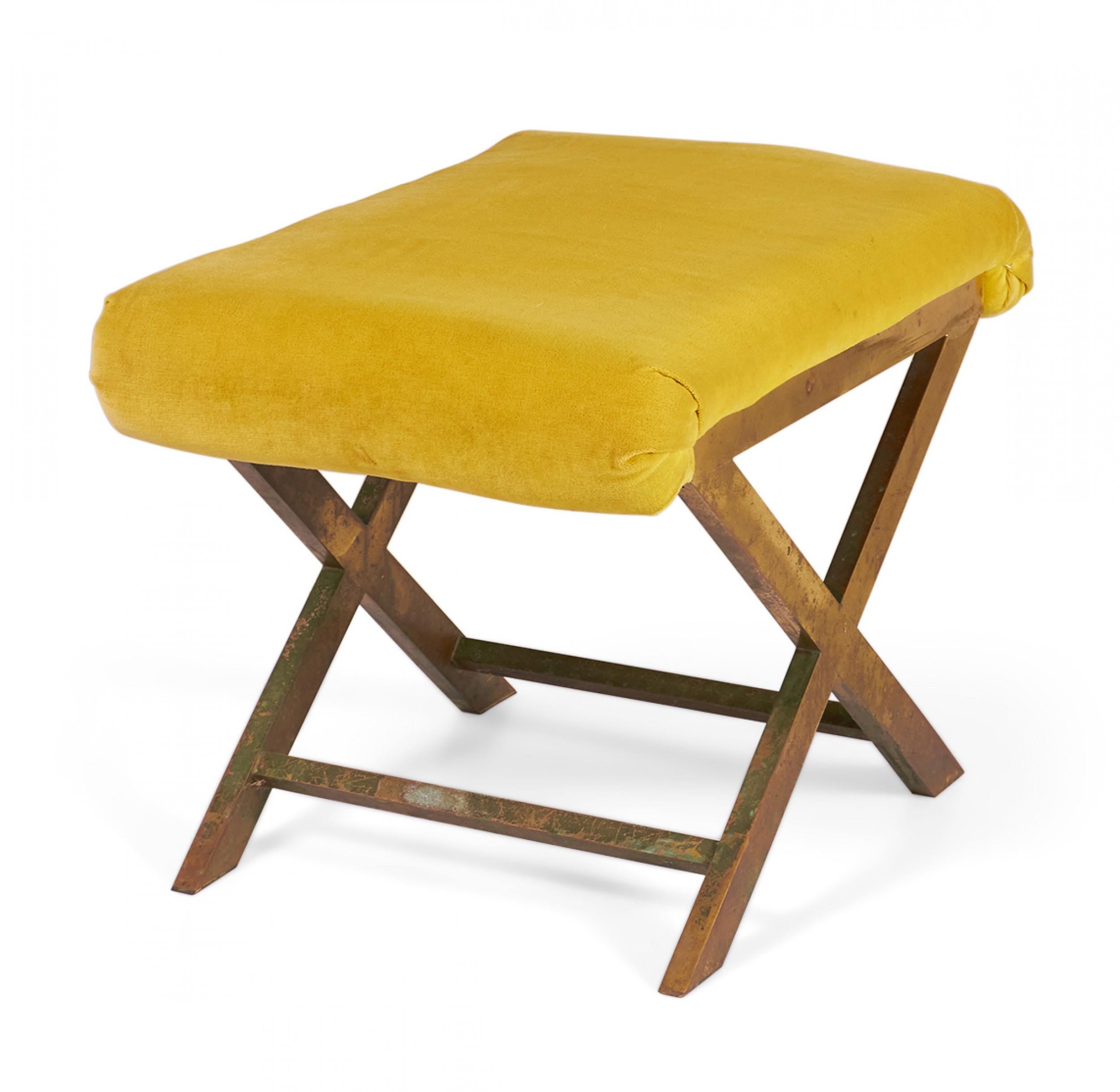 Mid-Century Brass and Saffron Yellow Velour Upholstered X-Bench For Sale 1