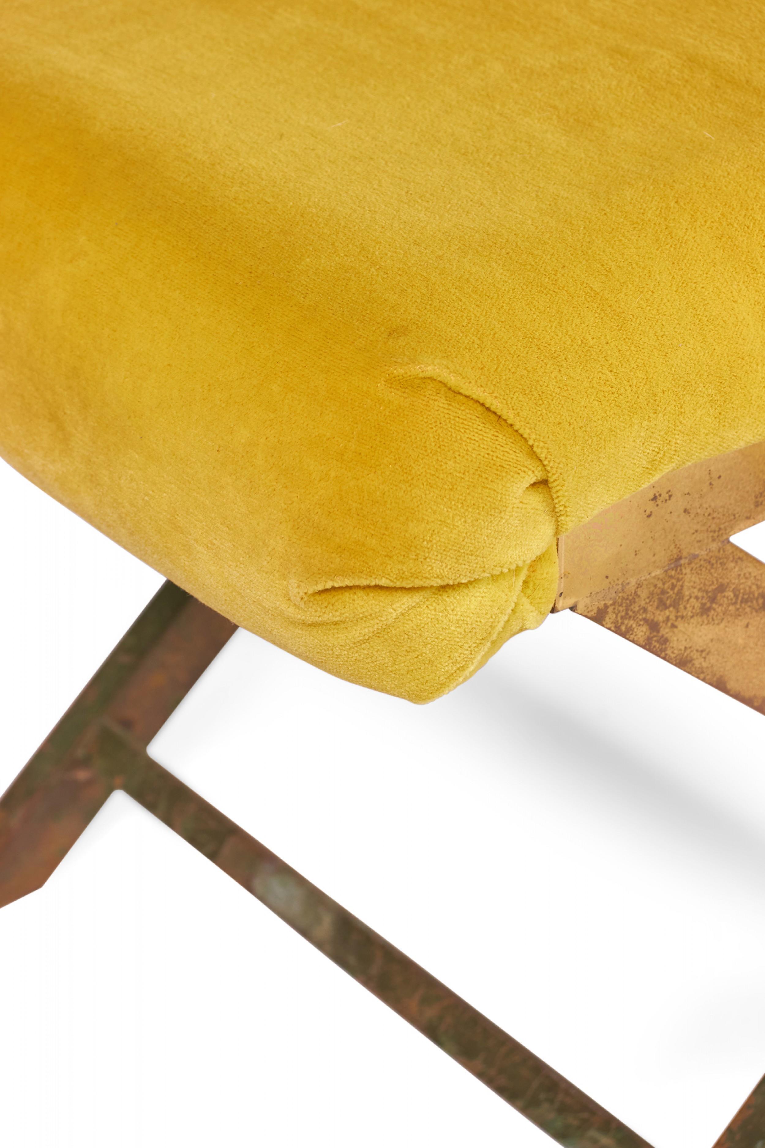 Mid-Century Brass and Saffron Yellow Velour Upholstered X-Bench For Sale 2