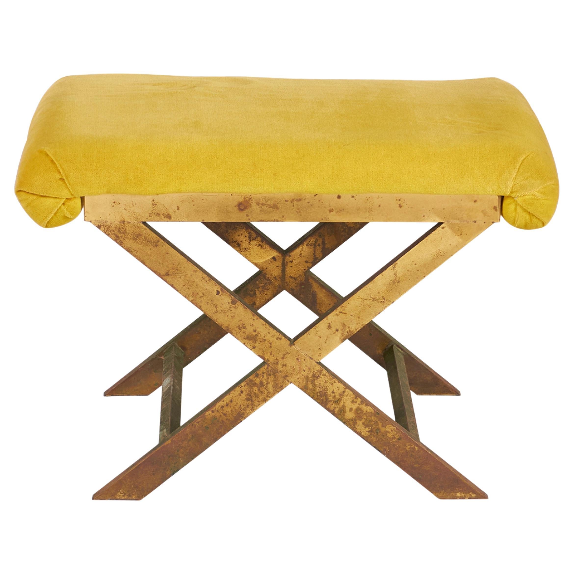 Mid-Century Brass and Saffron Yellow Velour Upholstered X-Bench For Sale