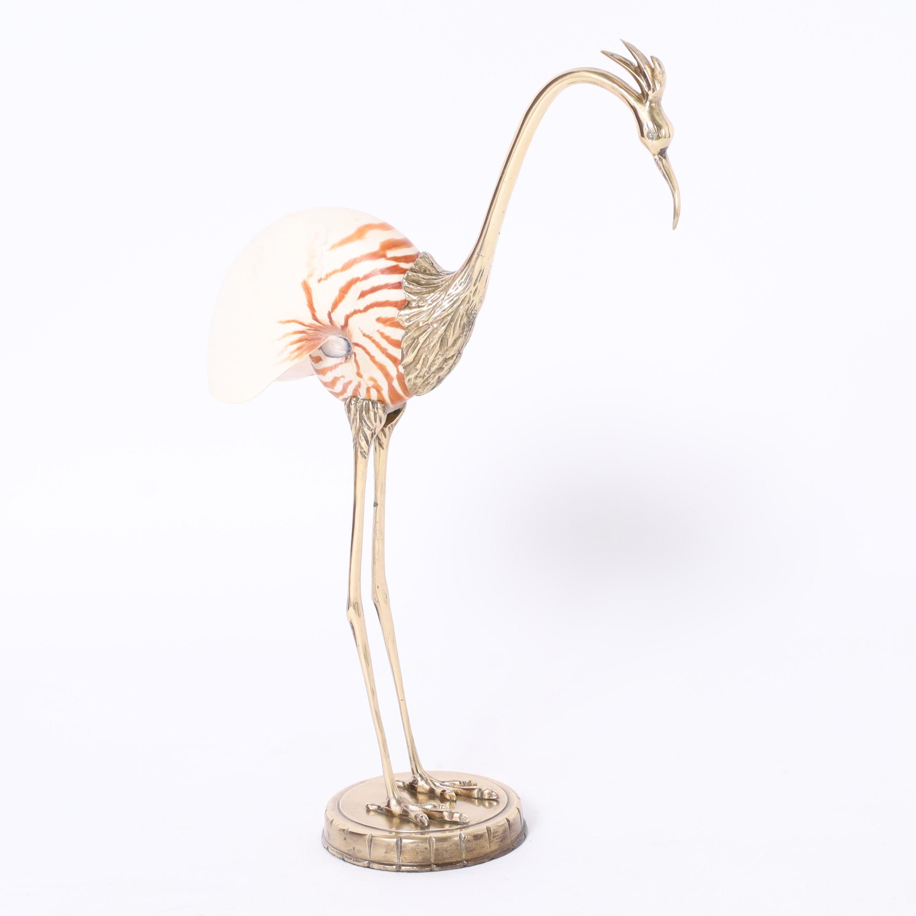 Mid-Century Modern Mid Century Brass and Seashell Bird Sculpture For Sale
