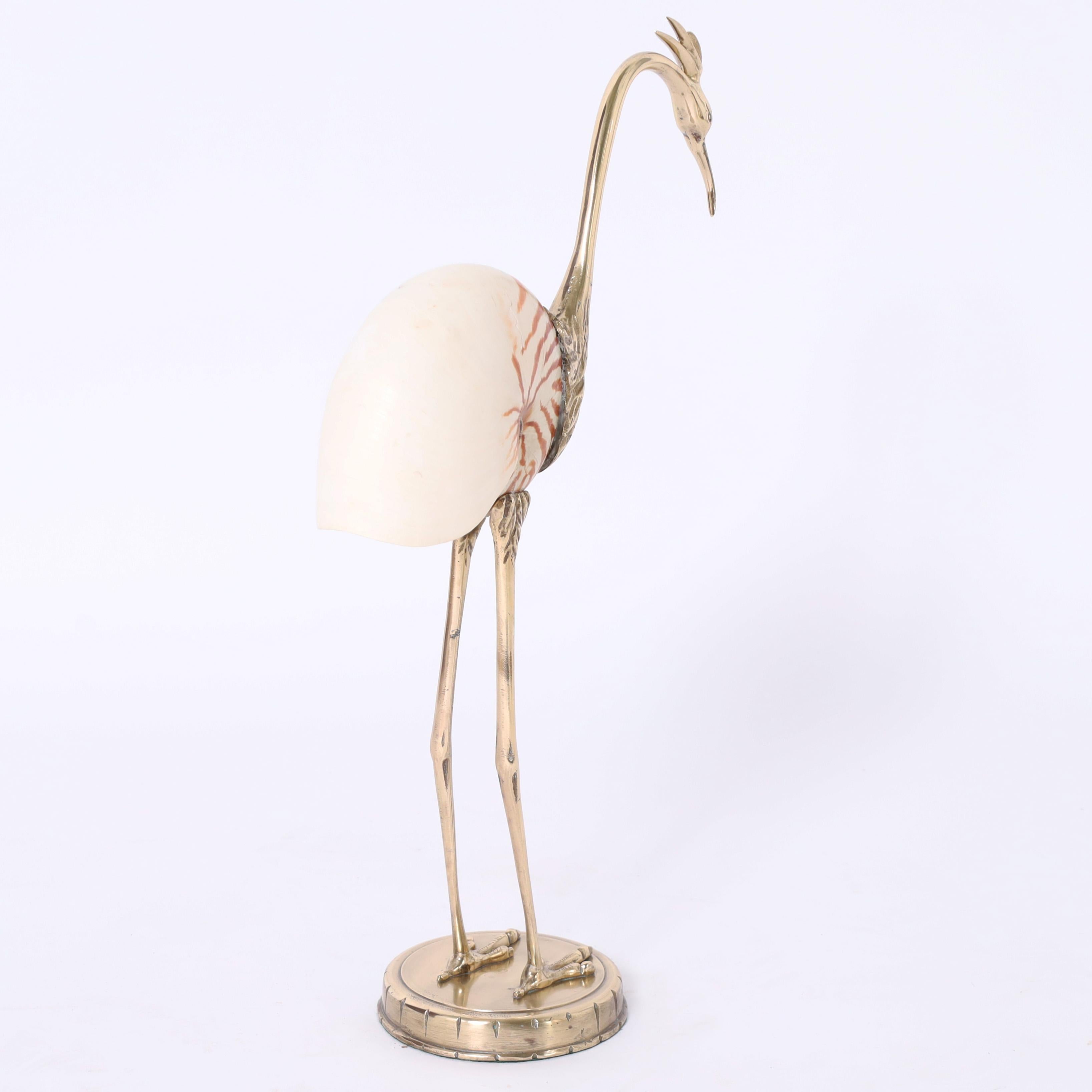Italian Mid Century Brass and Seashell Bird Sculpture For Sale