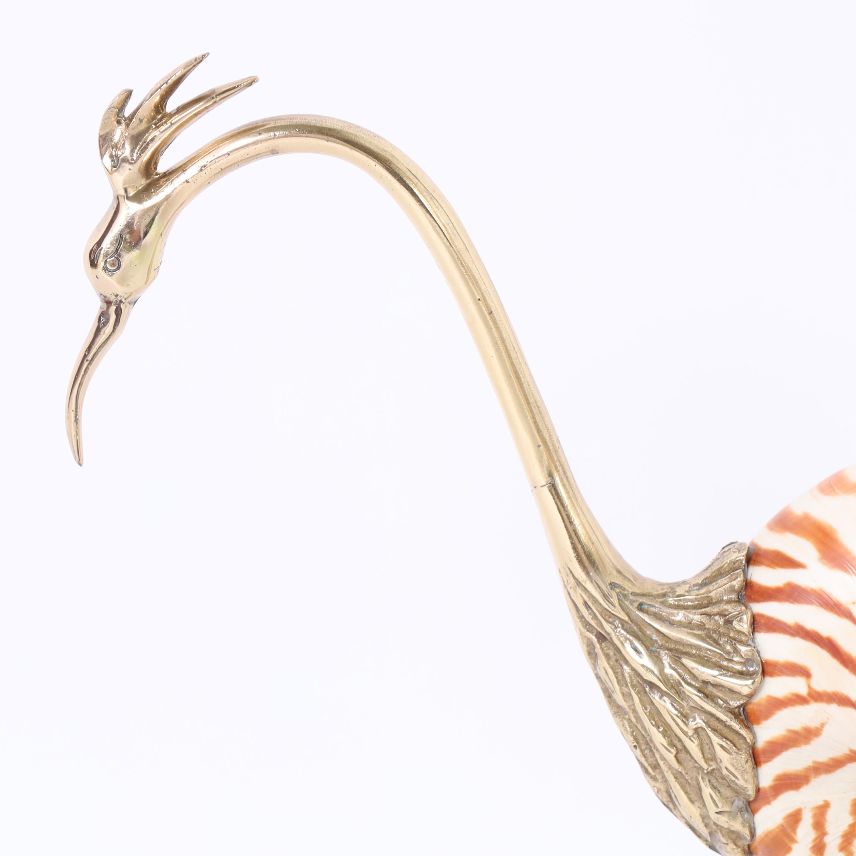 Mid Century Brass and Seashell Bird Sculpture In Good Condition For Sale In Palm Beach, FL