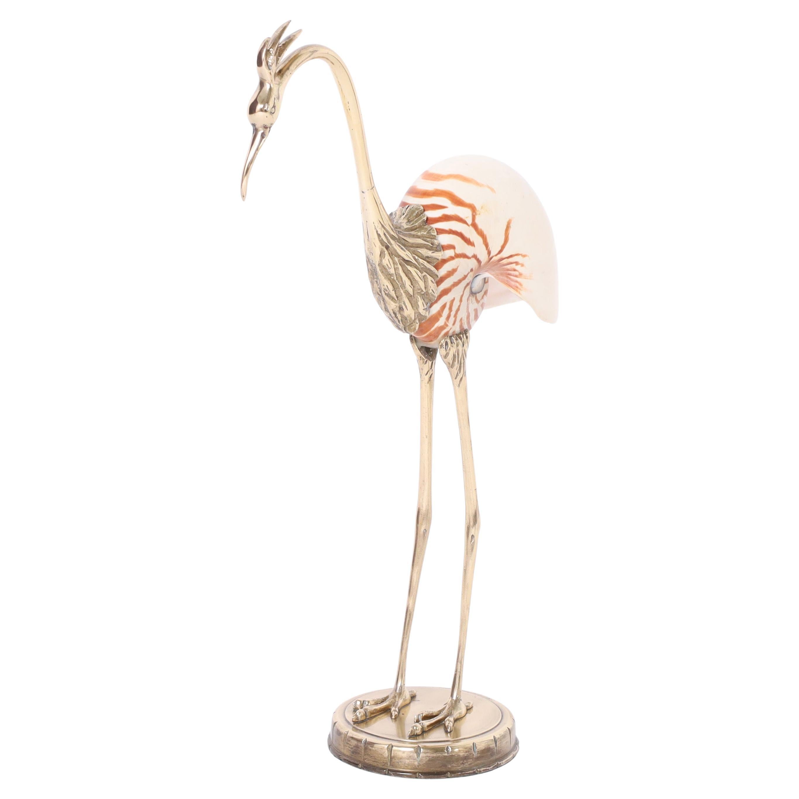 Mid Century Brass and Seashell Bird Sculpture For Sale