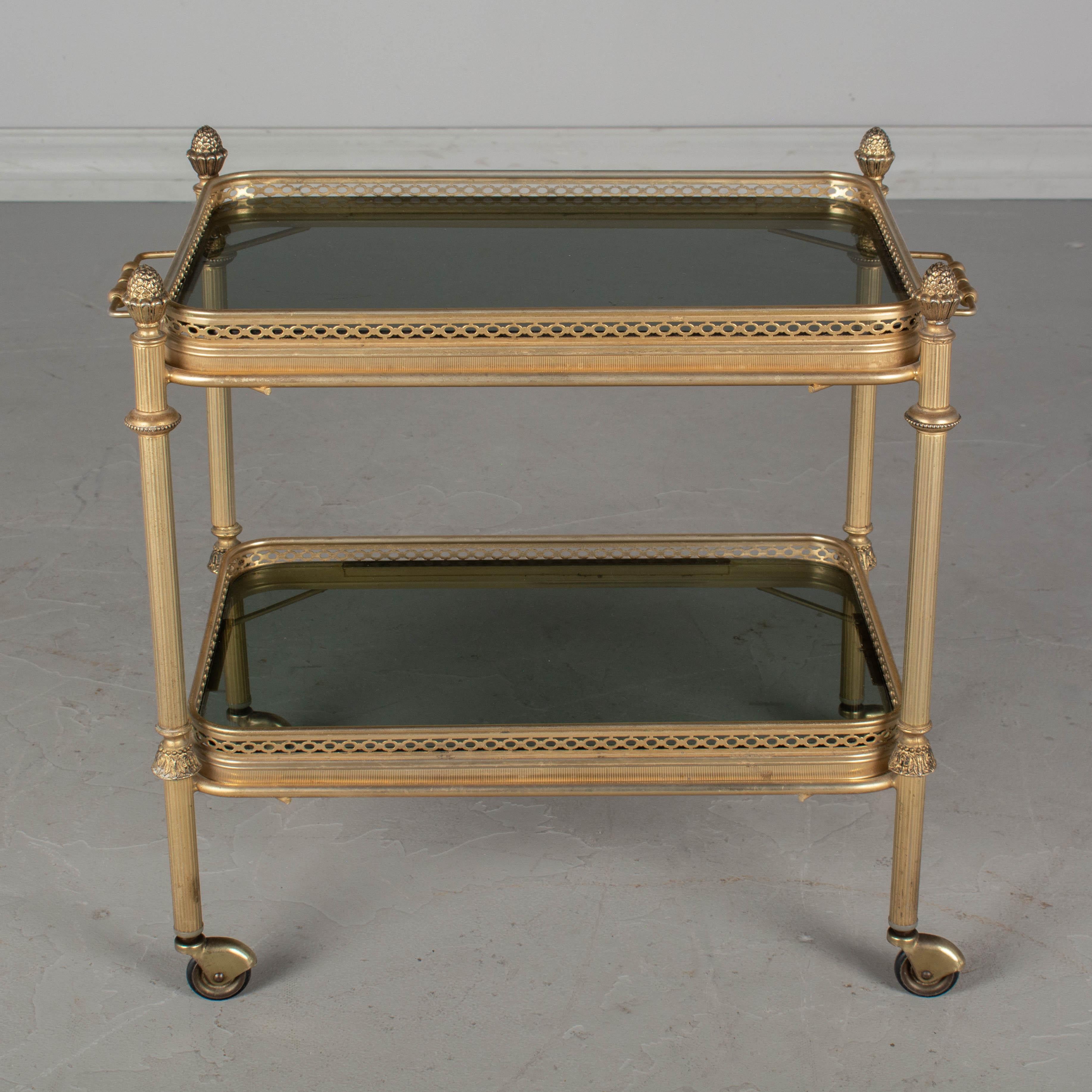 French Midcentury Brass and Smoke Glass Bar Cart