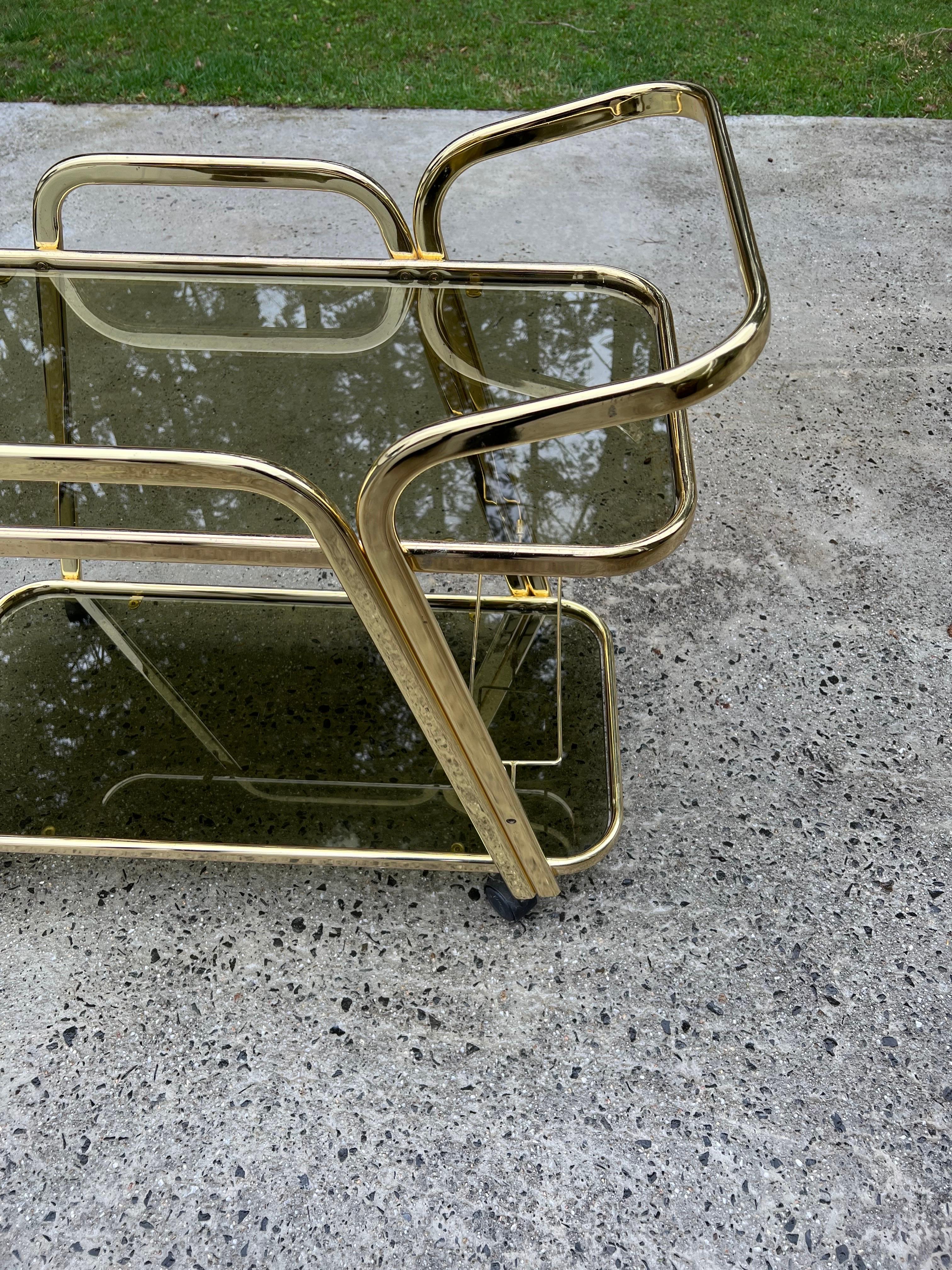 Mid-Century Brass and Smoked Glass Bar Cart For Sale 4