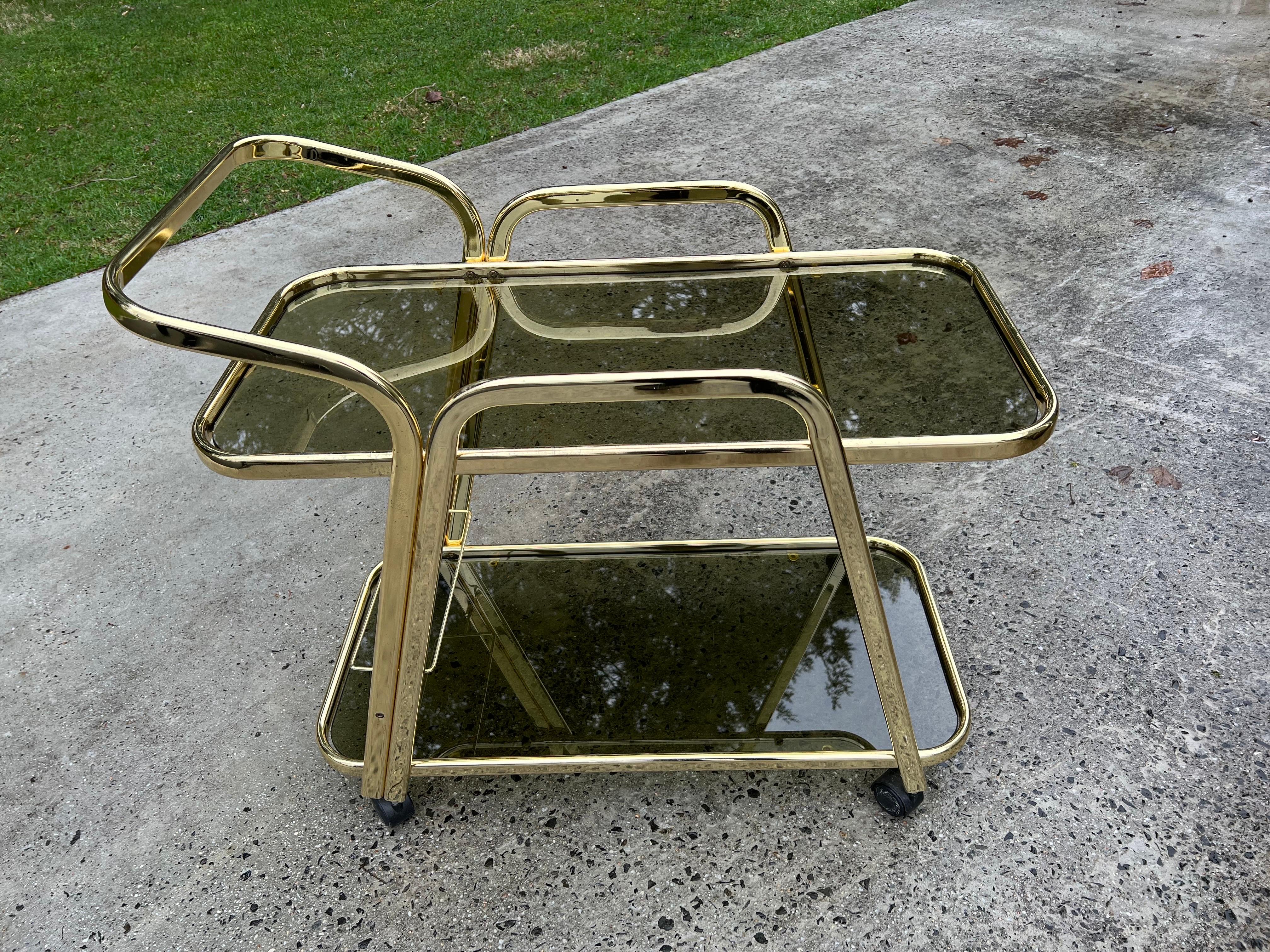 Mid-Century Brass and Smoked Glass Bar Cart For Sale 8