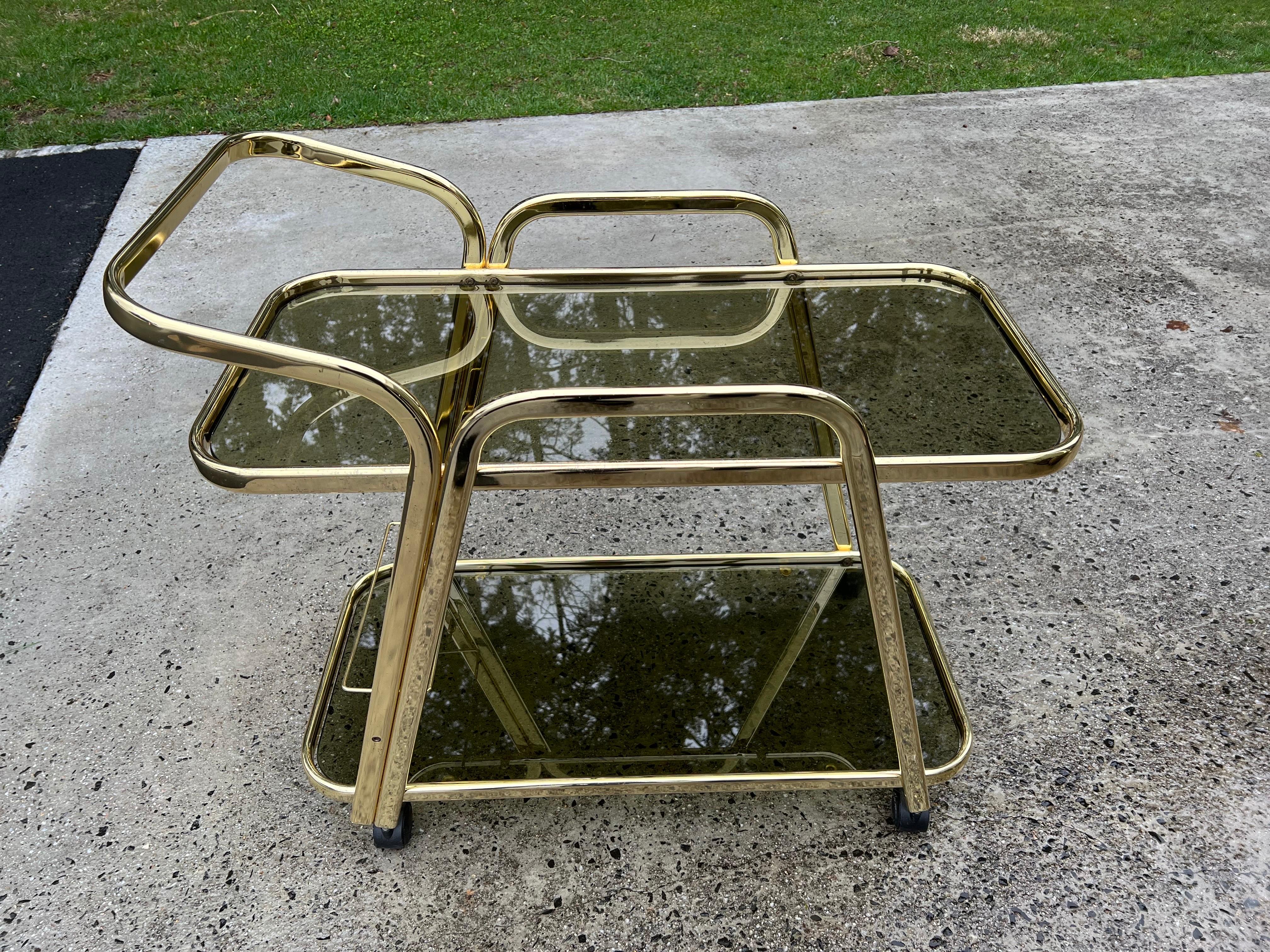 Mid-Century Brass and Smoked Glass Bar Cart For Sale 9
