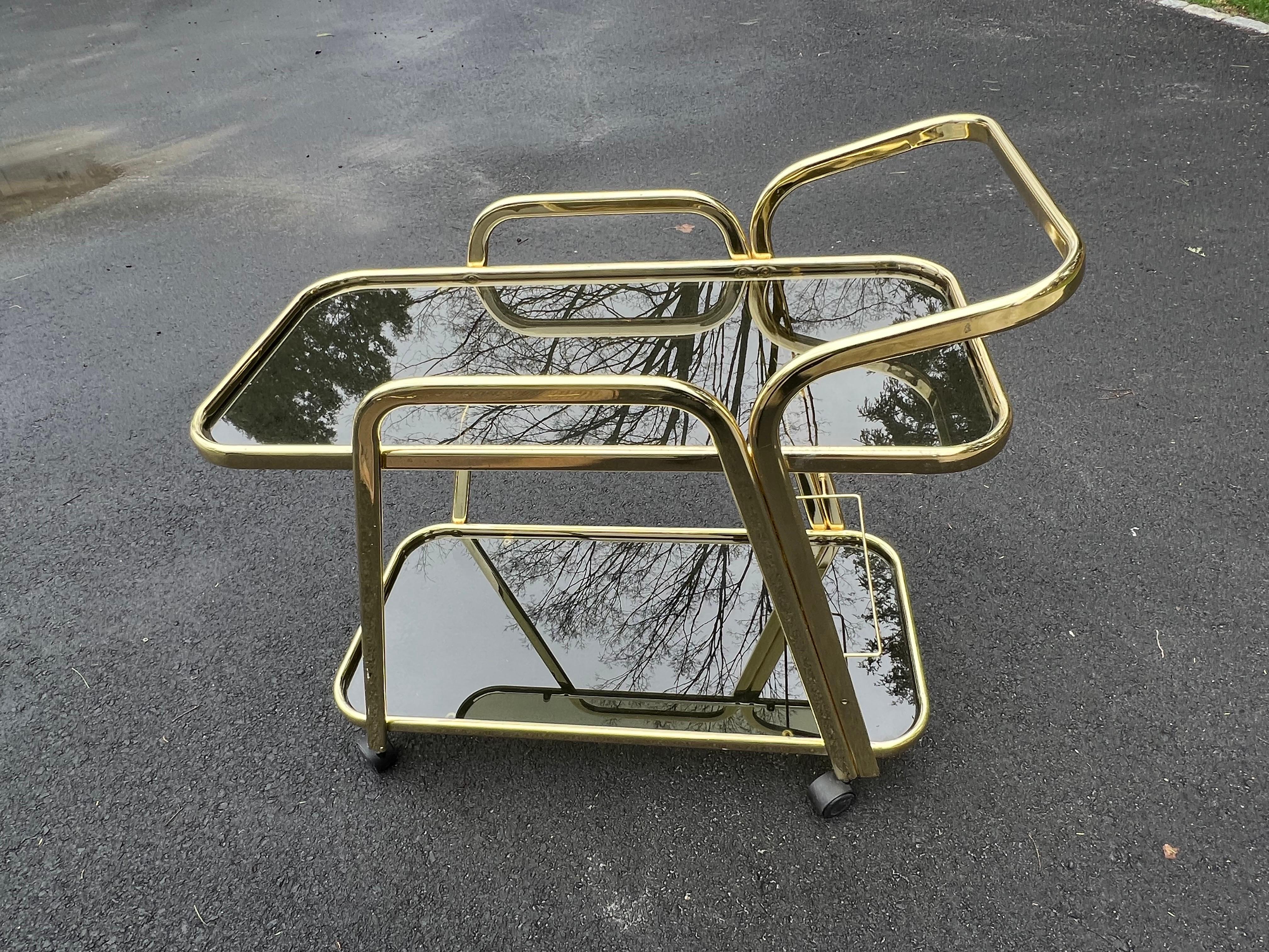 Mid-Century Brass and Smoked Glass Bar Cart For Sale 11