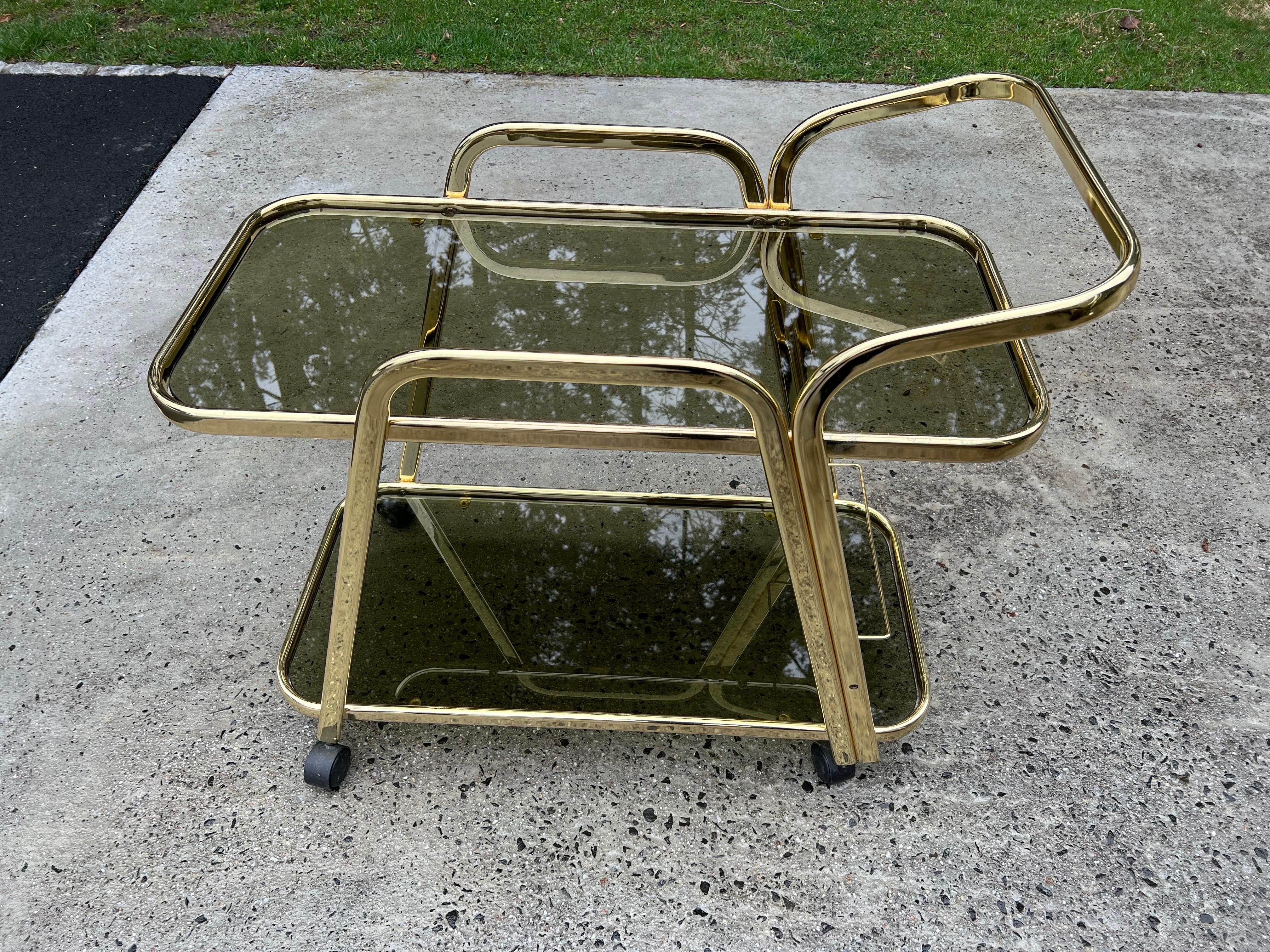 Mid-Century Modern Mid-Century Brass and Smoked Glass Bar Cart For Sale