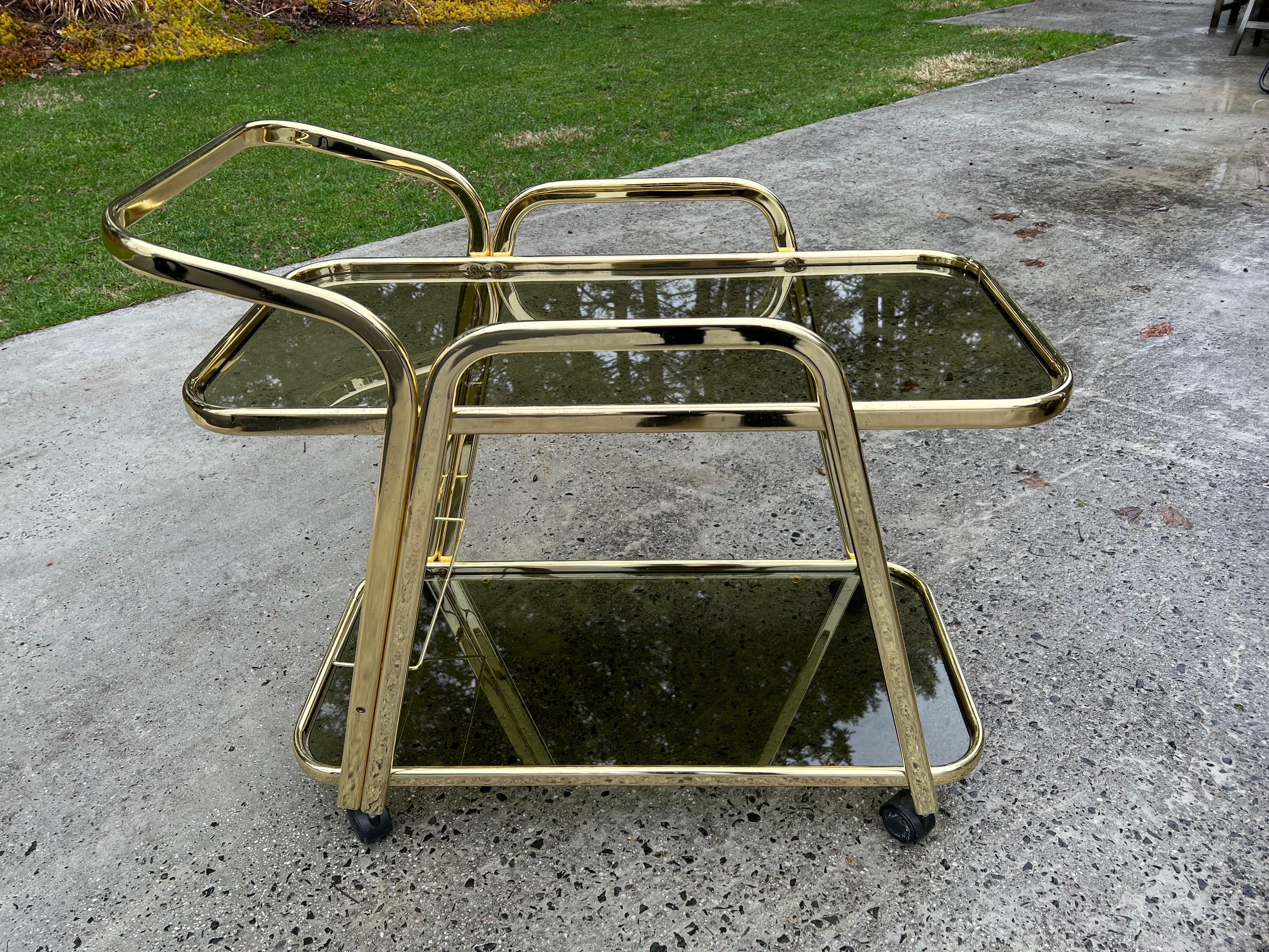 Mid-Century Brass and Smoked Glass Bar Cart In Good Condition For Sale In Redding, CT