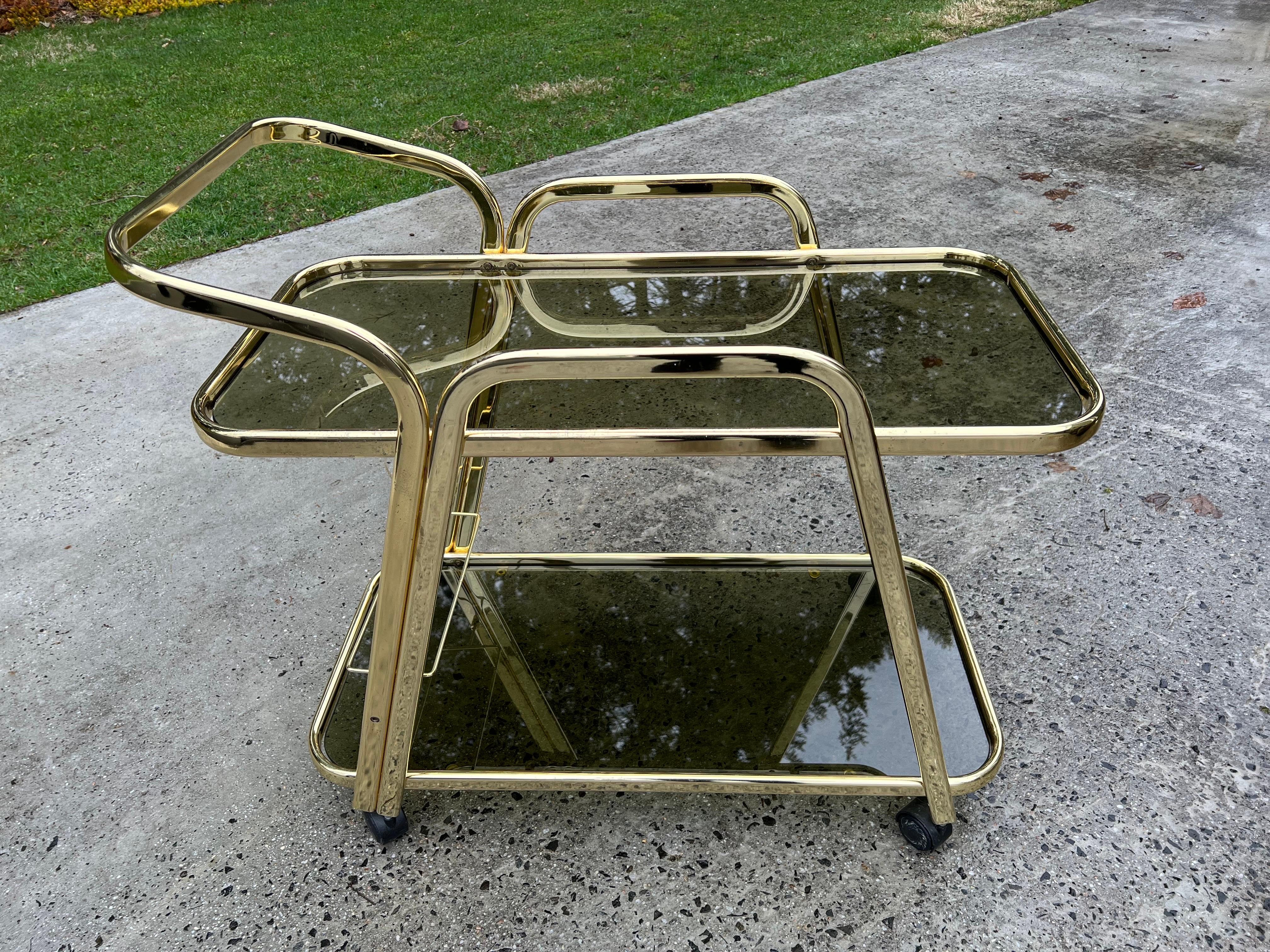 Late 20th Century Mid-Century Brass and Smoked Glass Bar Cart For Sale