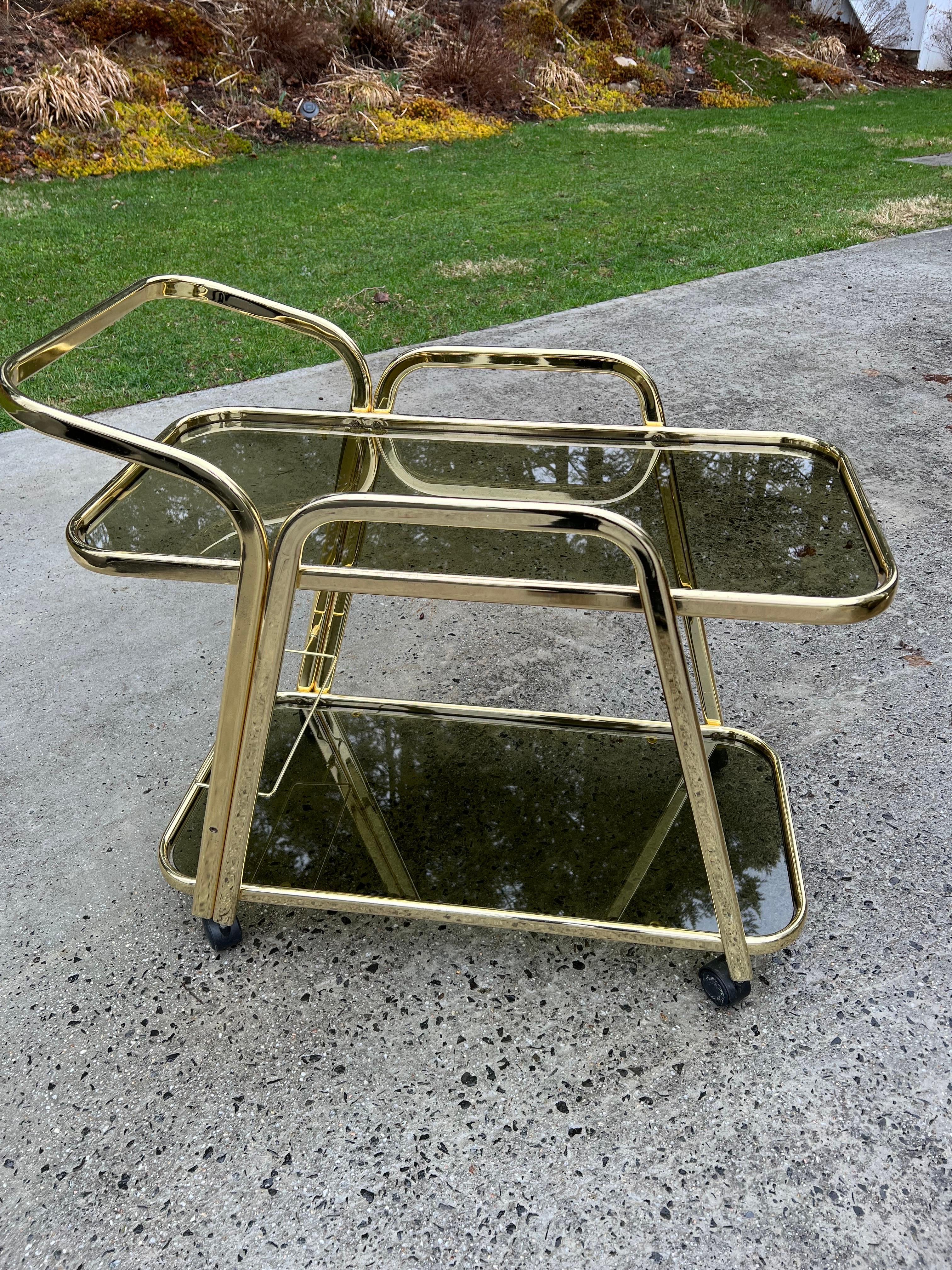 Metal Mid-Century Brass and Smoked Glass Bar Cart For Sale