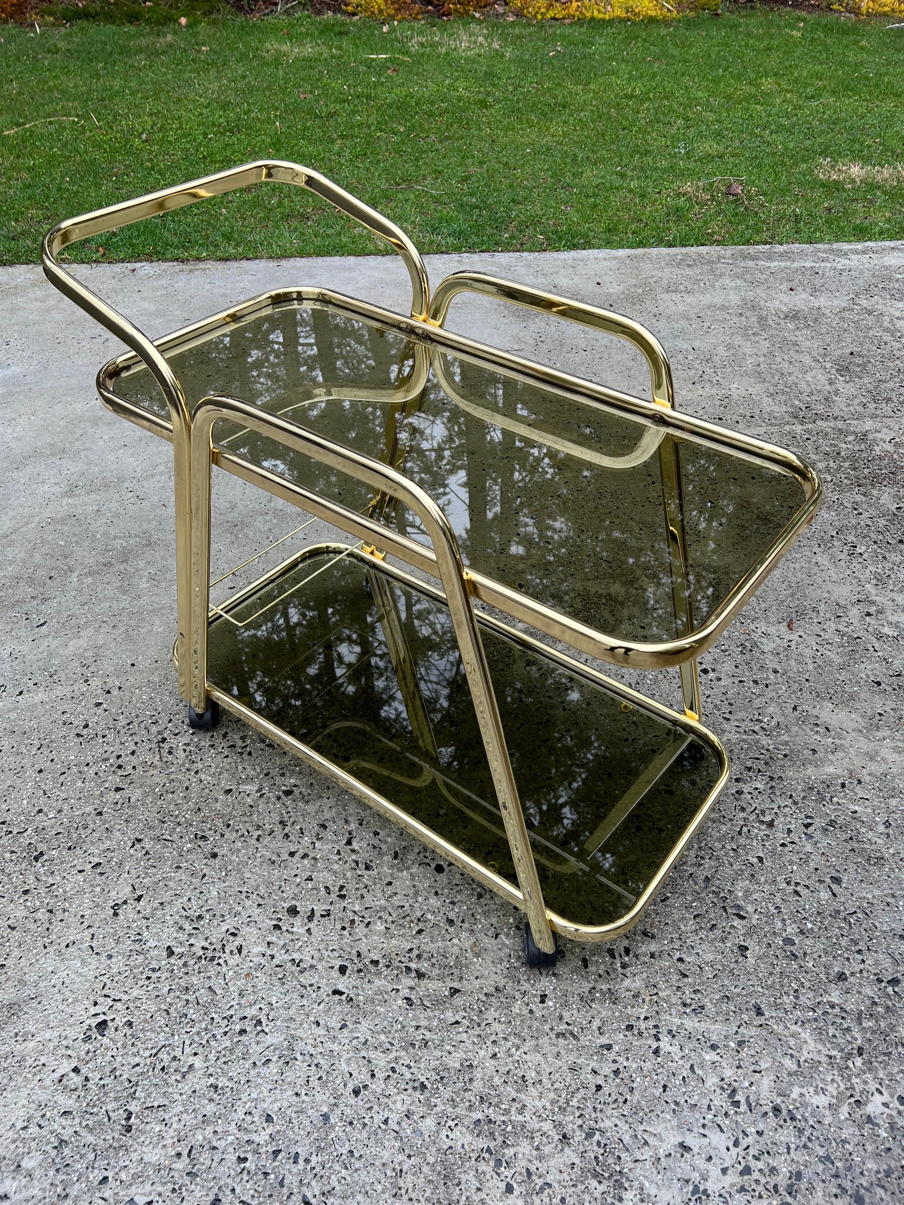 Mid-Century Brass and Smoked Glass Bar Cart For Sale 1