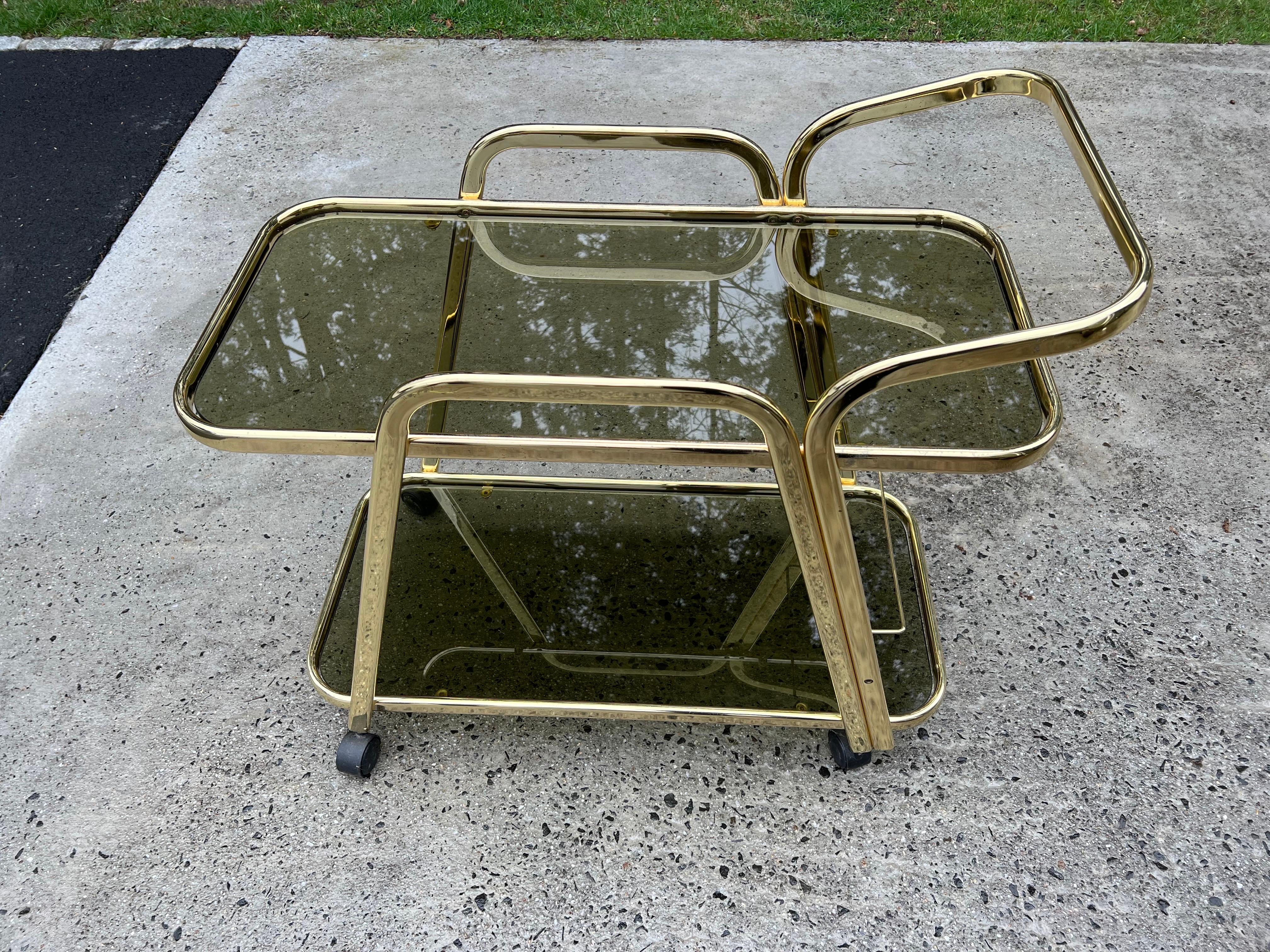 Mid-Century Brass and Smoked Glass Bar Cart For Sale 2