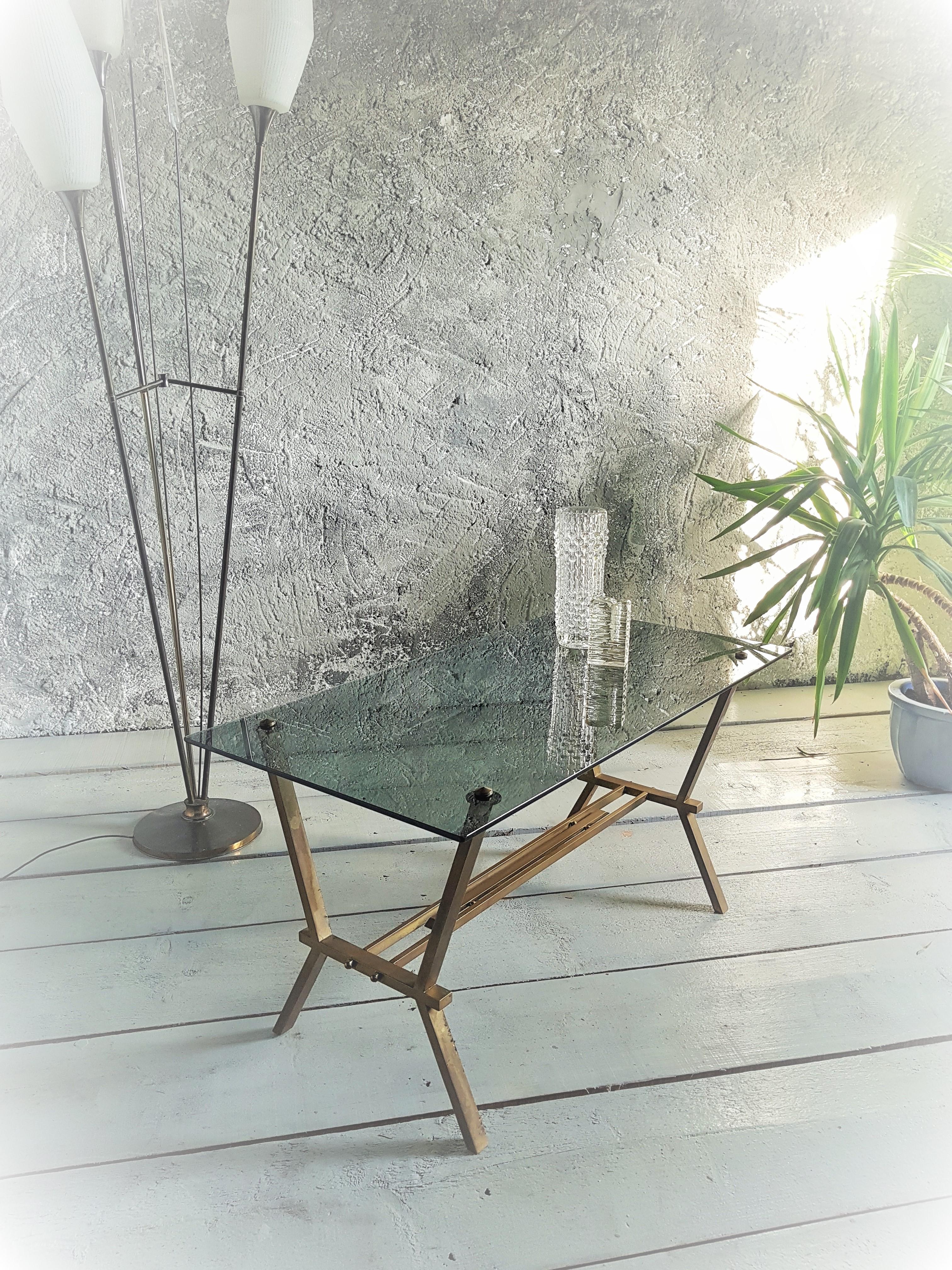 Italian Mid-Century Brass and Smoked Glass Coffee Table Style Romeo Rega, Italy, 1960 For Sale