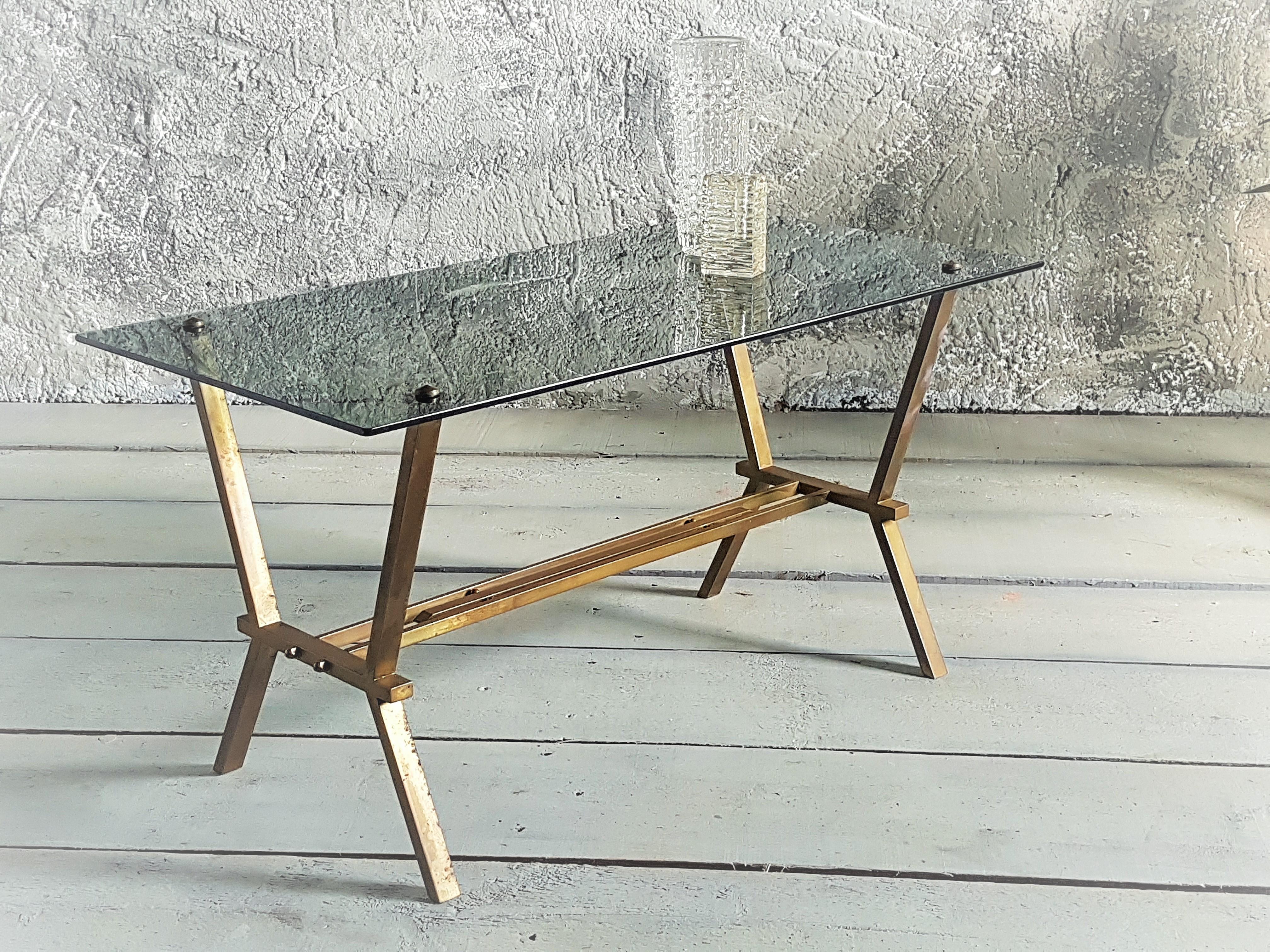 Mid-20th Century Mid-Century Brass and Smoked Glass Coffee Table Style Romeo Rega, Italy, 1960 For Sale