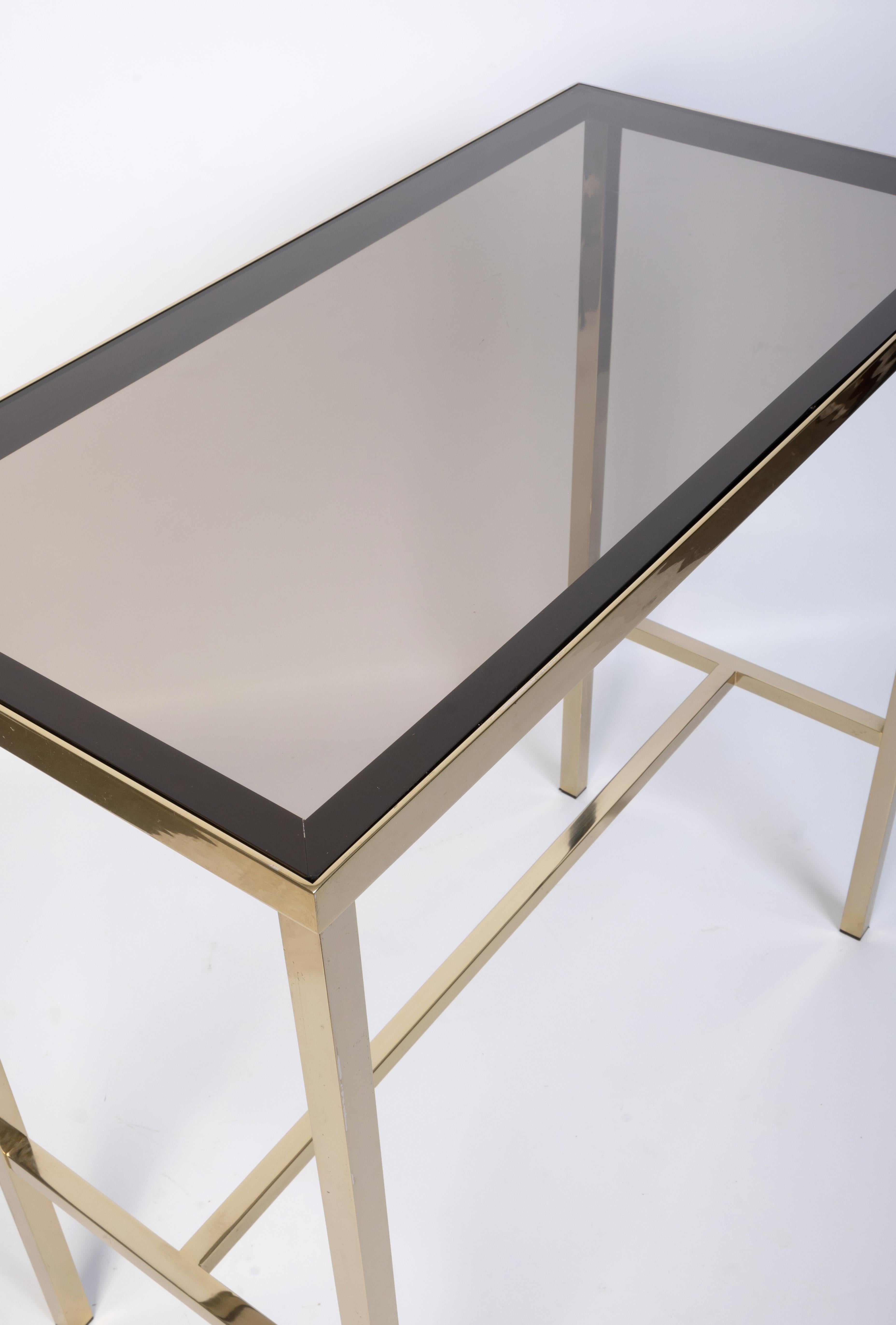 Mid Century Brass And Smoked Glass Inset Small Console Table, C.1970, France For Sale 4