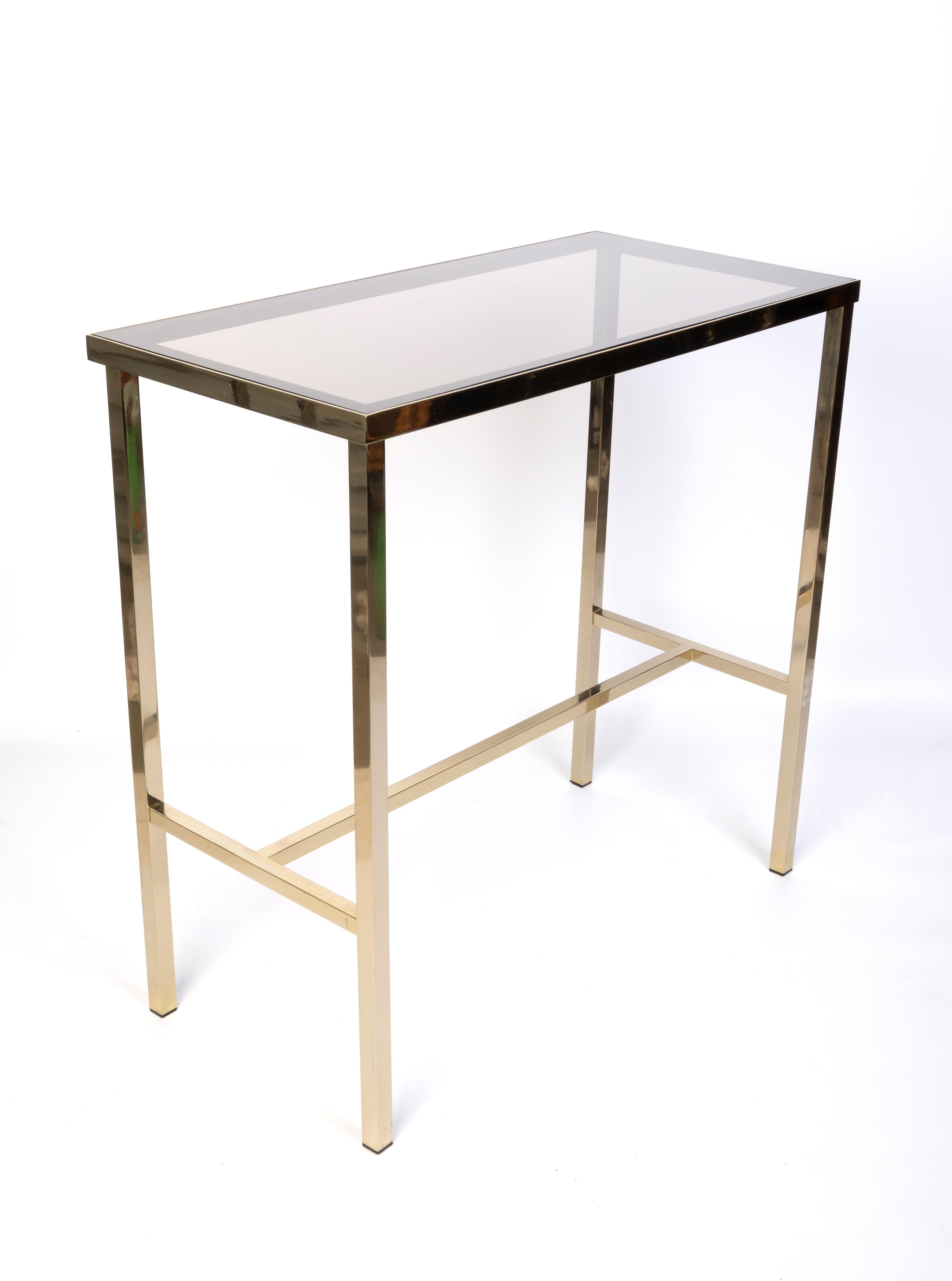 Mid Century Brass And Smoked Glass Inset Small Console Table, C.1970, France For Sale 1