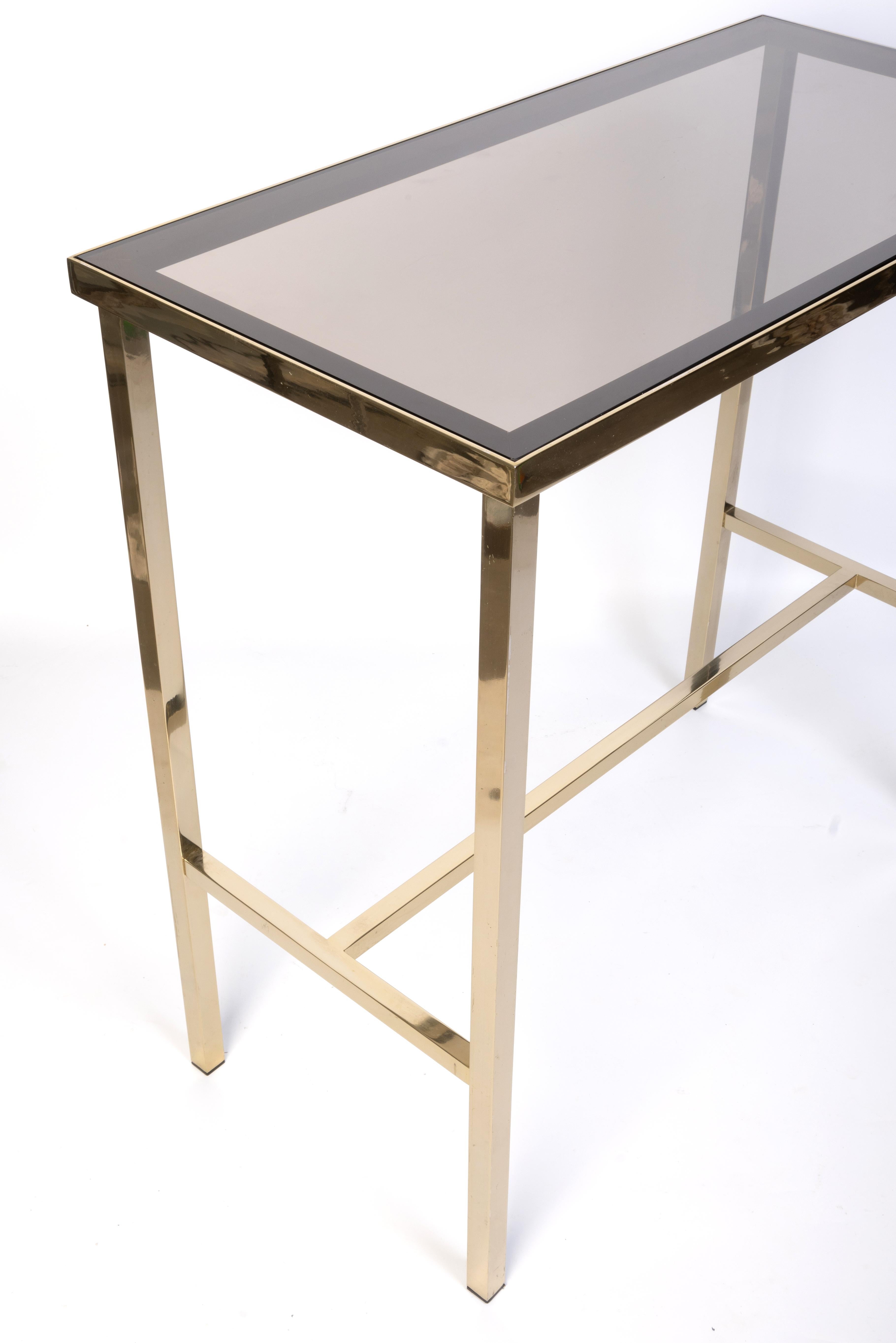Mid Century Brass And Smoked Glass Inset Small Console Table, C.1970, France For Sale 2
