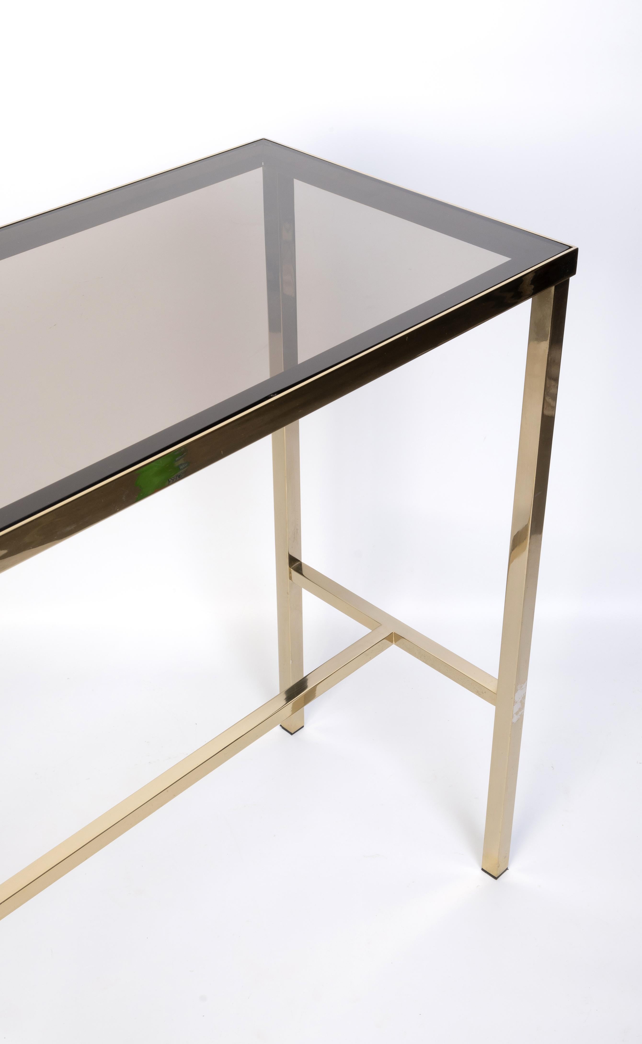 Mid Century Brass And Smoked Glass Inset Small Console Table, C.1970, France For Sale 3