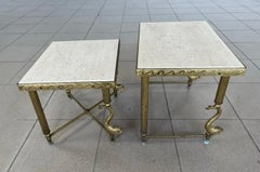 Mid Century Brass and Stone Top Nesting Tables with Brass Dolphins Two Pieces