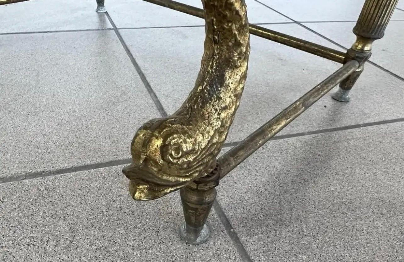 Mid Century Brass and Stone Top Nesting Tables with Brass Dolphins Two Pieces In Good Condition For Sale In West Hartford, CT