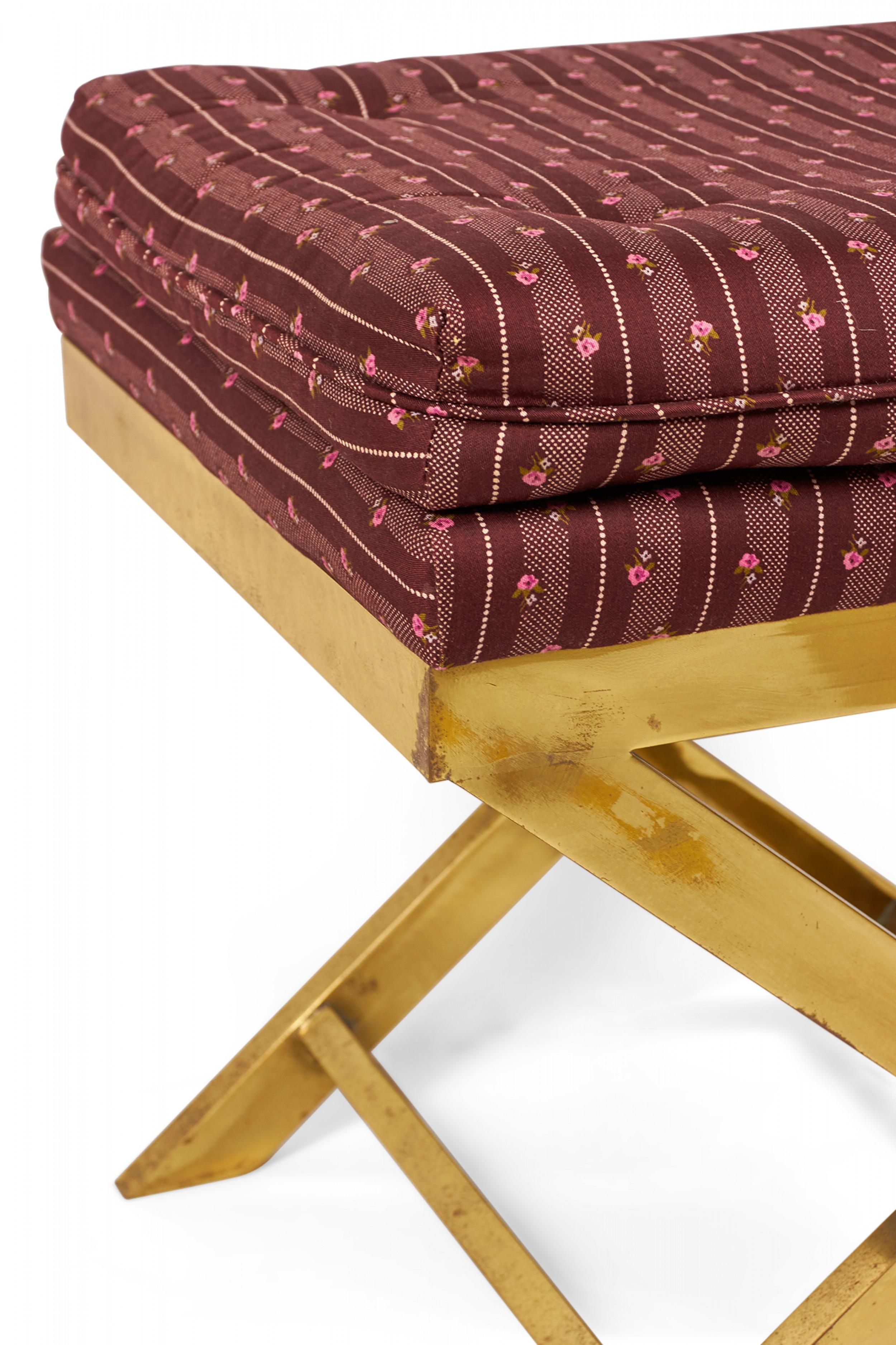 Mid-Century Brass and Striped Maroon Upholstered X-Bench For Sale 3