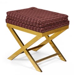 Mid-Century Brass and Striped Maroon Upholstered X-Bench