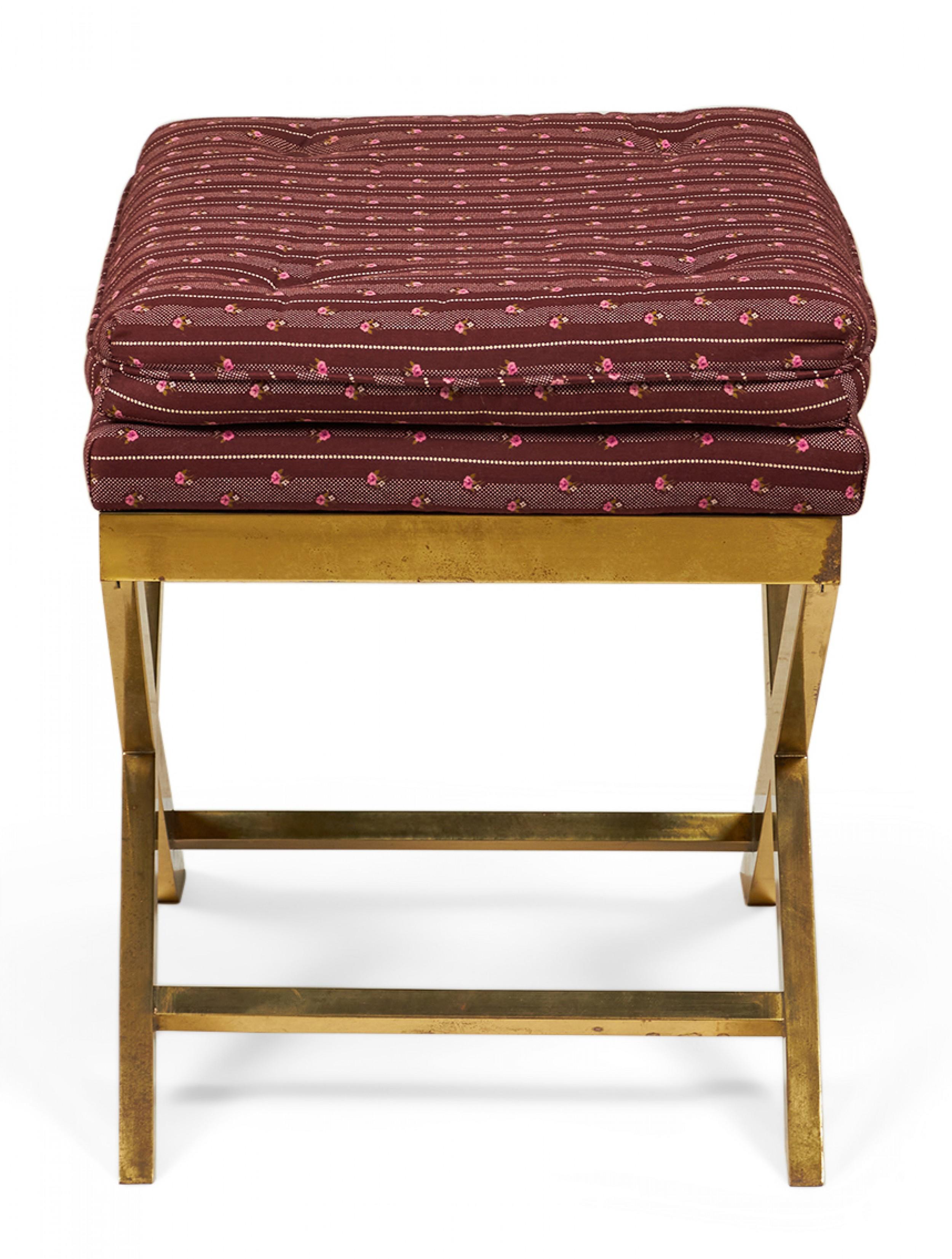 20th Century Mid-Century Brass and Striped Maroon Upholstered X-Bench For Sale