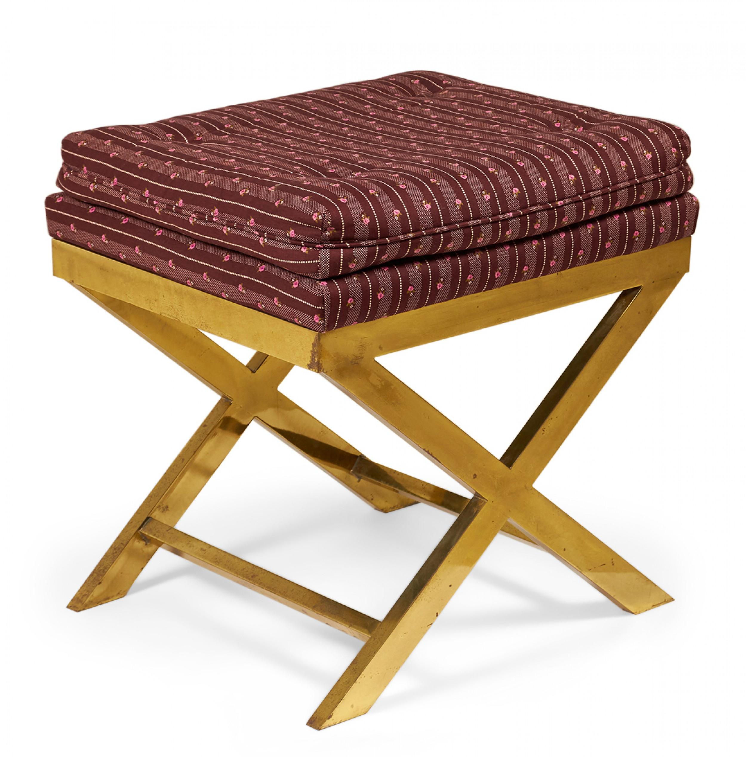 Mid-Century Brass and Striped Maroon Upholstered X-Bench For Sale 1